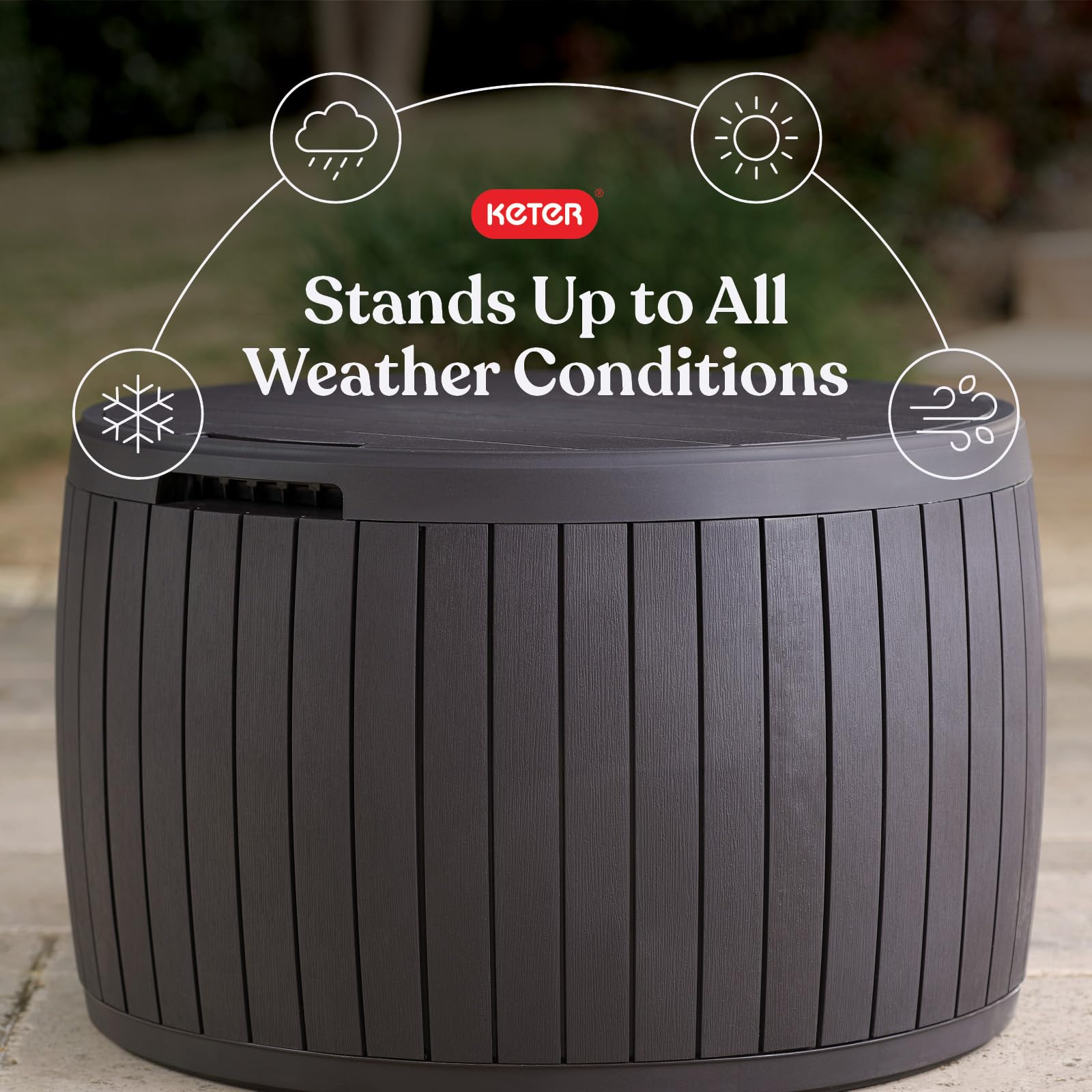 Keter 37 Gallon Circa Deck Box Organizer, Works as Ottoman Chair or Side Table, Brown – Large Resin Round Outdoor Storage and Seating for Garden, Pool, and Patio