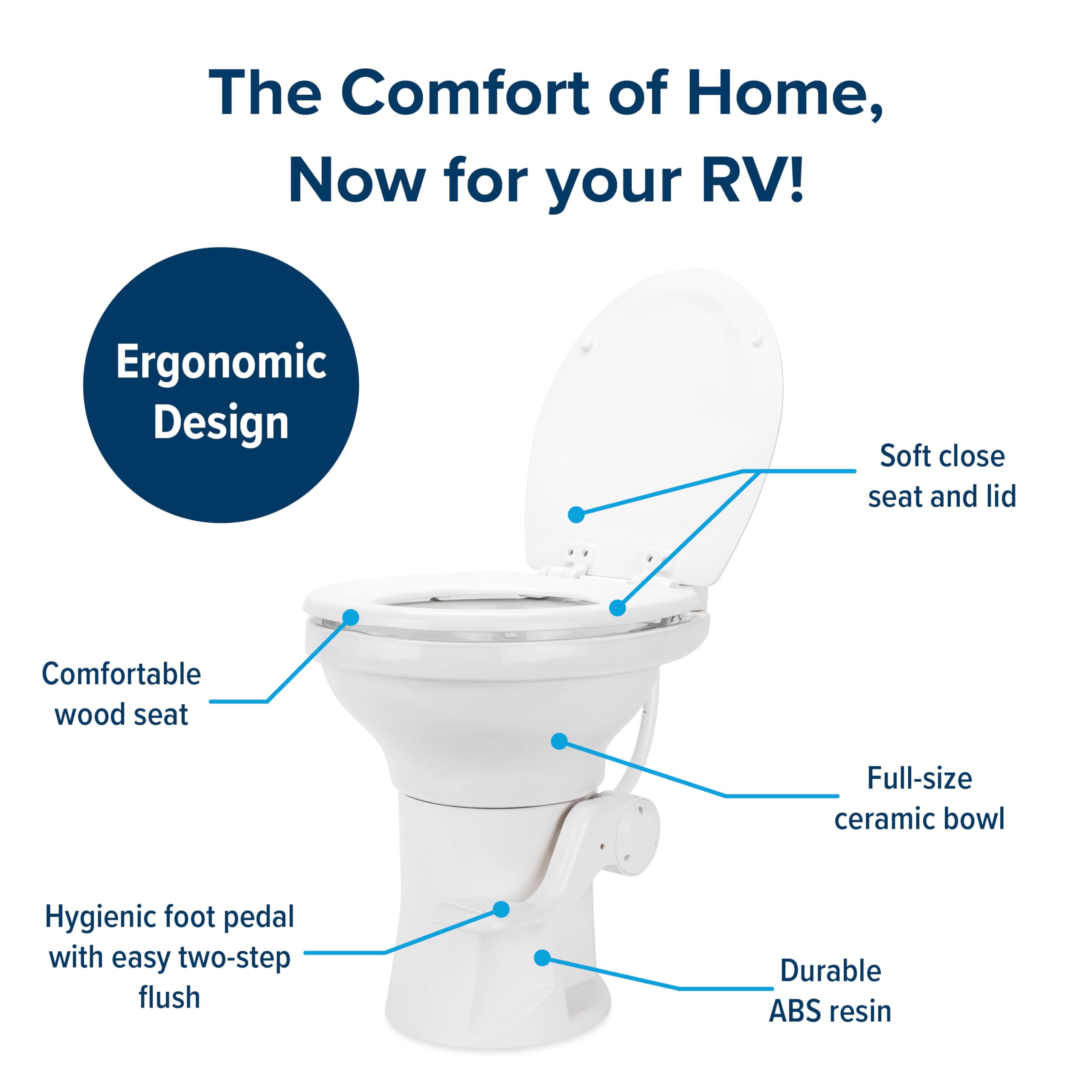 Camco Premium Camper/RV Ceramic Toilet - Features Gravity Flush System with Convenient Foot Pedal & Full-Sized Ergonomic Design with 18" Chair Height - Soft-Close Wood Seat & Lid - White (41710)