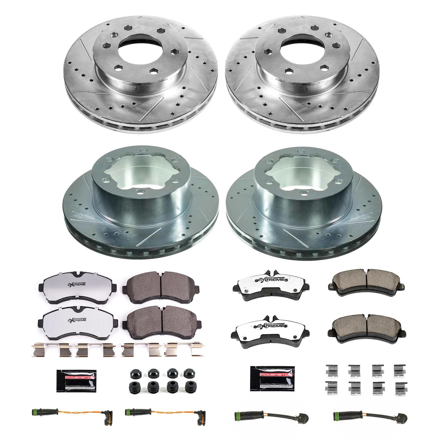 Power Stop K7112-36 Front and Rear Carbon-Fiber Ceramic Brake Pad with Drilled and Slotted Rotor Kit Z36 Truck and Tow and 2 Front & 2 Rear Sensor Wires