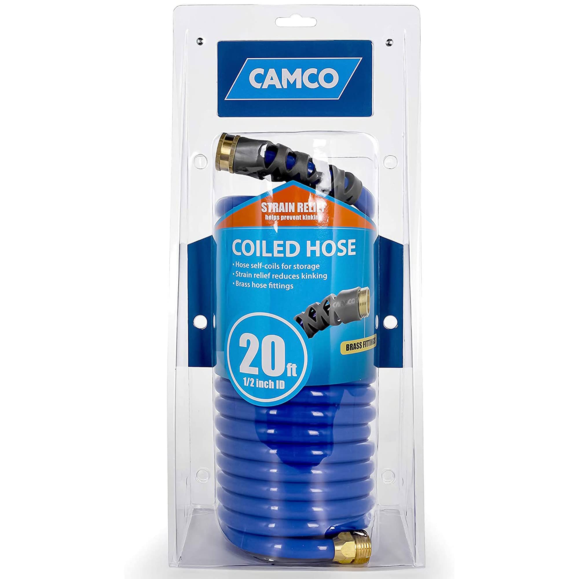 20’ Coiled Water Hose Camco | Rust Resistant with Brass Fittings | Features a 1/2-inch ID (41983), Blue