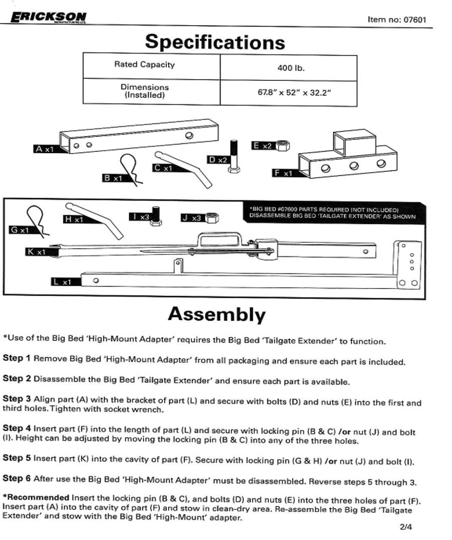 Big Bed Erickson Senior High Mount Conversion Kit 07601