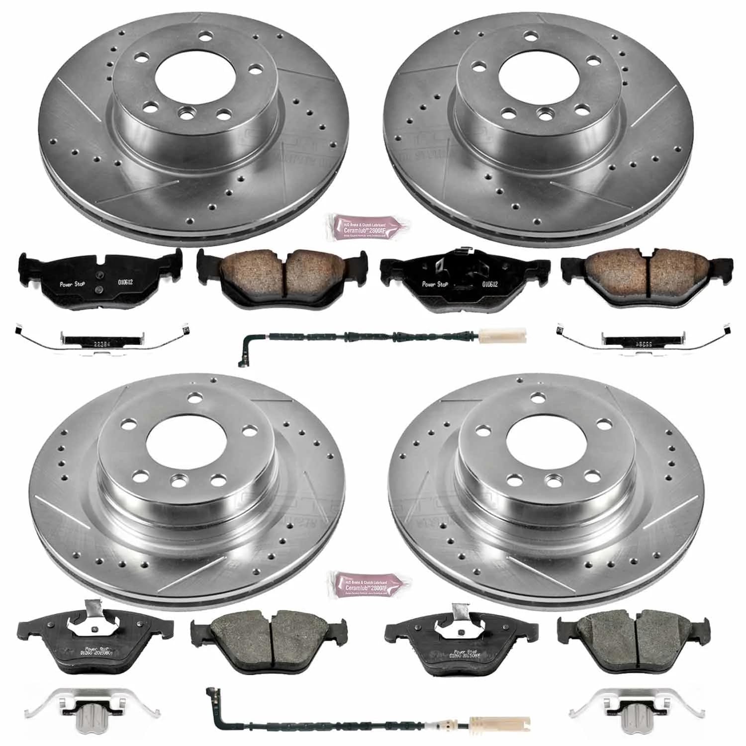 Power Stop K4107 Z23 Carbon Fiber Brake Pads Front and Rear with Drilled & Slotted Brake Rotors Kit and 1 Front & 1 Rear Sensor Wires For BMW 328i 2008-2010 [Model Specific]