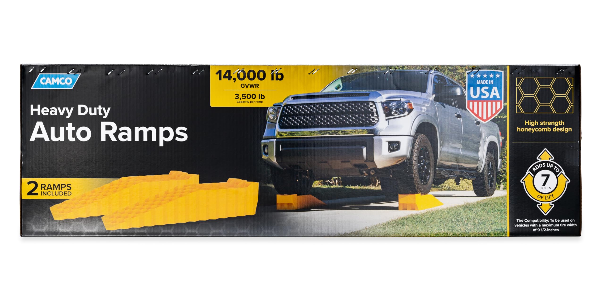 Low Profile Car Ramps/Camco Truck Ramps - Features 7-Inches of Lift - Use as Car Ramps for Oil Changes, Car Lifts for Home Garage & More - 3,500 lb Capacity per Ramp - 2-Pack (44558)