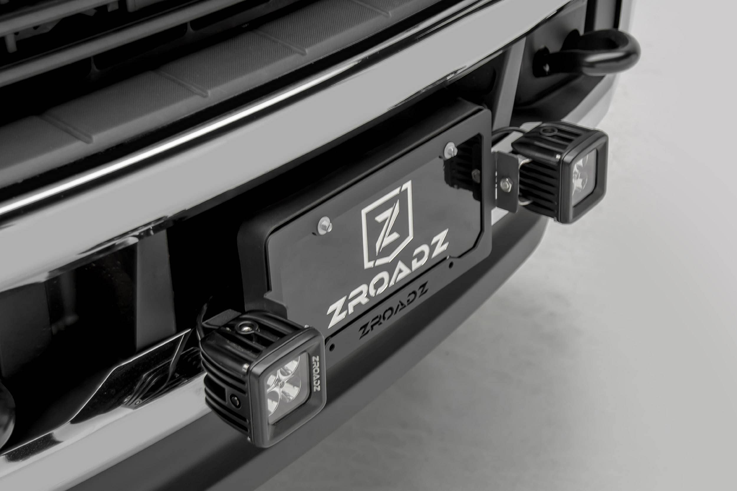 ZROADZ LED License Plate Frame Universal Bracket ONLY- Black Mild Steel - Bolt-on No Drilling Required - Mounts (2) 3 Inch ZROADZ or Similar Style LED Pod Lights PN#Z310005