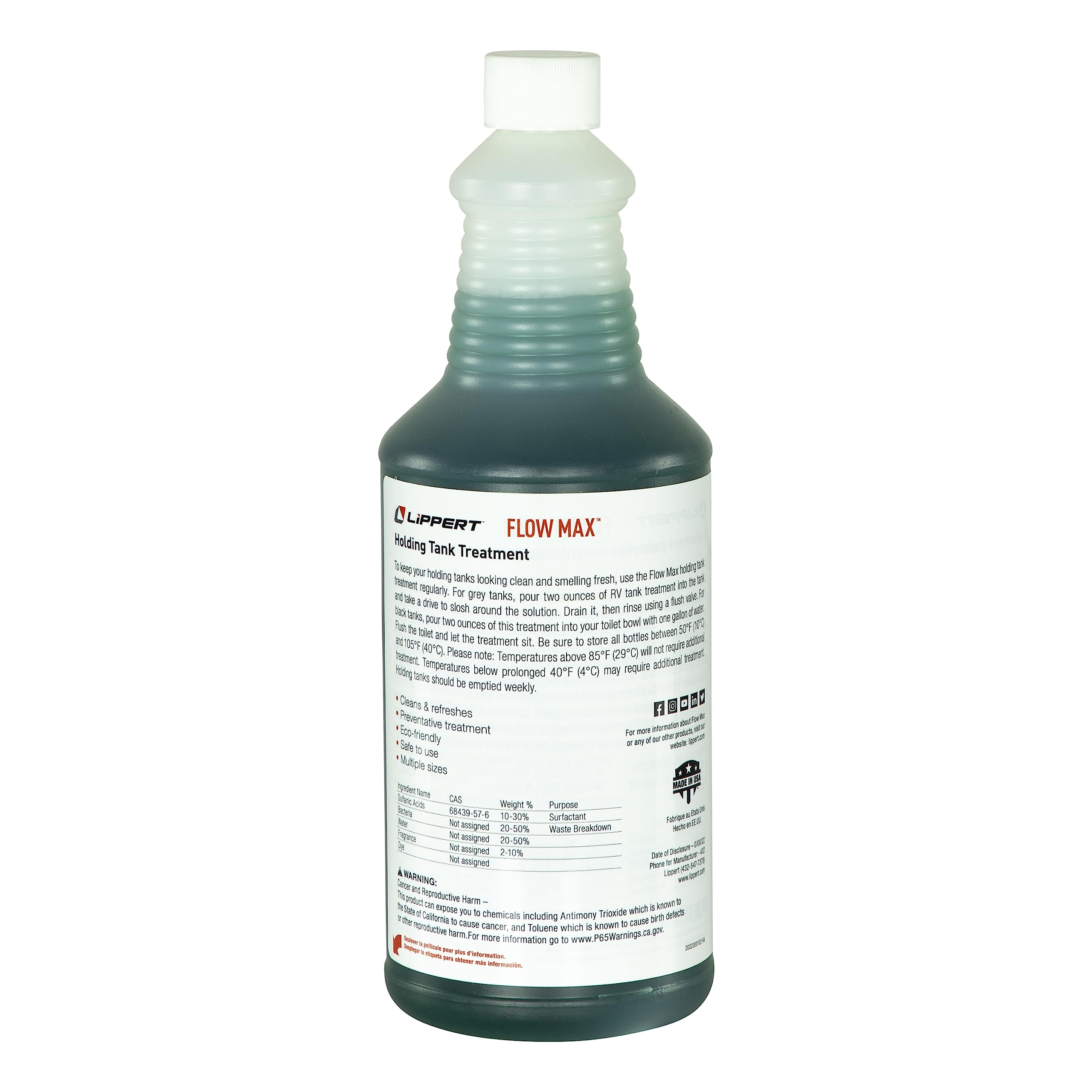 Lippert Holding Tank Treatment Flow Max for RVs and Boats, Breaks Down Toilet Paper, Prevents Clogging and Residue Buildup, Cleans Sensors, Made in The USA (32 oz. Bottle) - 2022116483