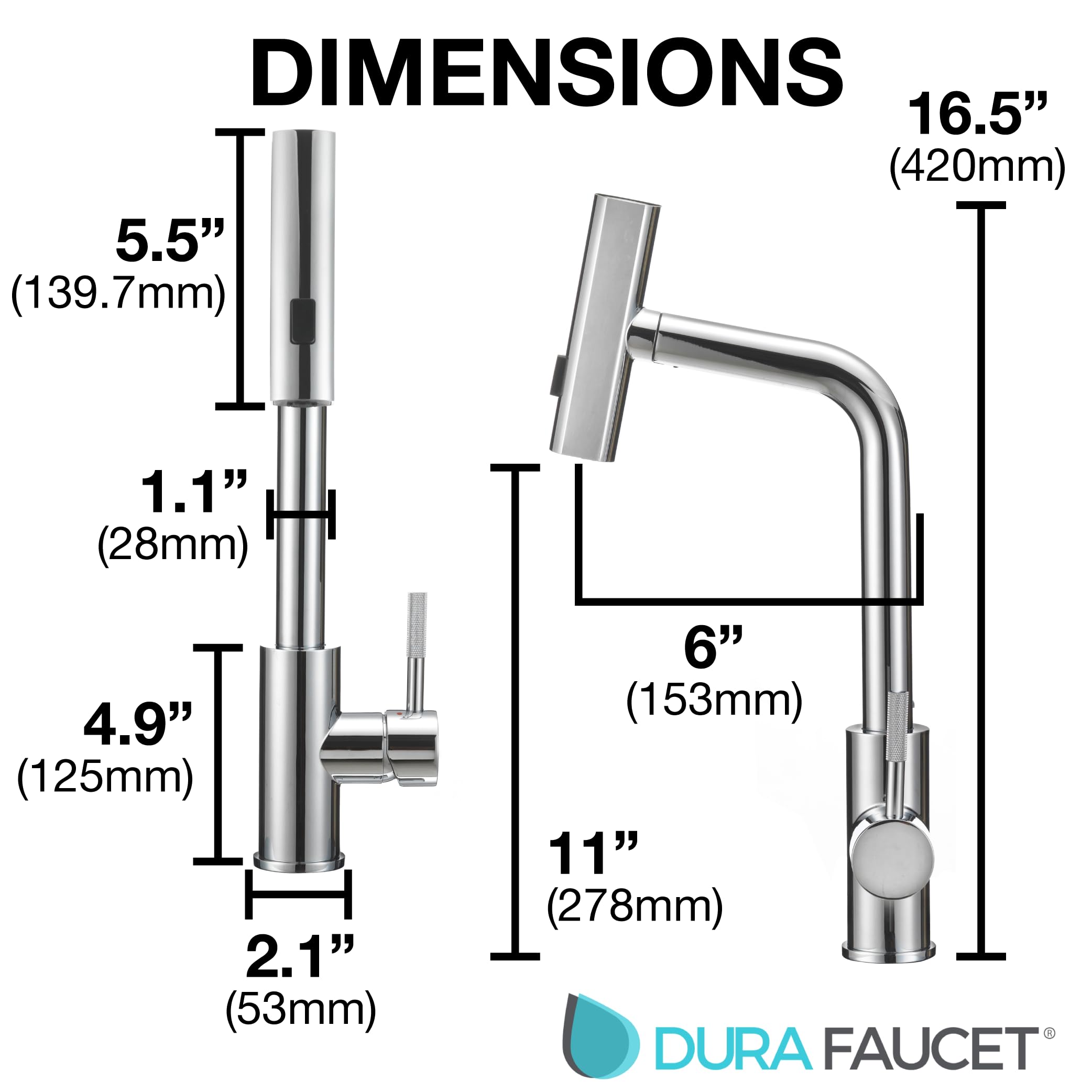 Dura Faucet Rainfall (DF-MK511X-CP) RV Kitchen Faucet – Chrome, Dual-Mode Rotating Spray Head (Wide Waterfall & Stream), Single Lever Handle, Lead-Free, Easy Install Compact Sink Faucet