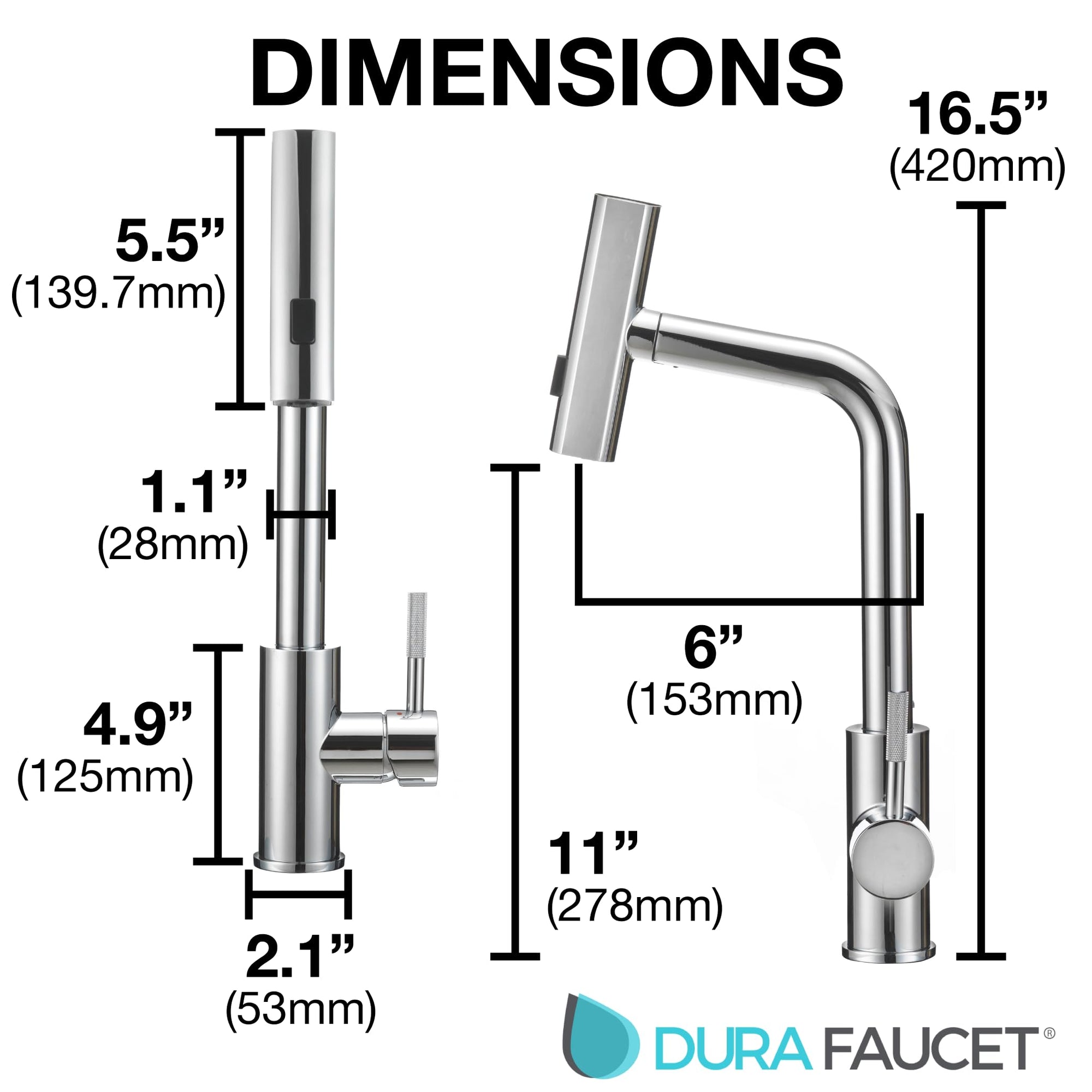 Dura Faucet Rainfall (DF-MK511X-CP) RV Kitchen Faucet – Chrome, Dual-Mode Rotating Spray Head (Wide Waterfall & Stream), Single Lever Handle, Lead-Free, Easy Install Compact Sink Faucet