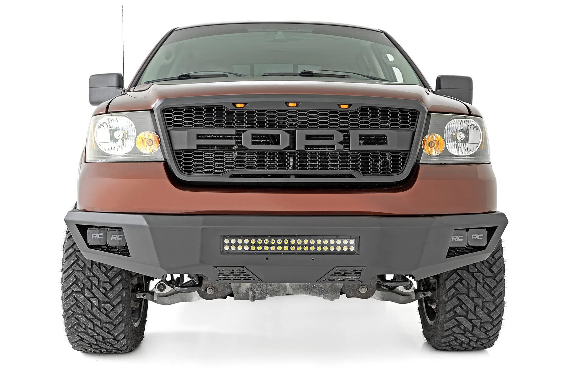 Front Rough Country LED Bumper for Ford F-150 (2004–2008) - Heavy-Duty Steel, Includes 20" LED Light Bar & (4) 2" LED Cubes, No-Drill Install