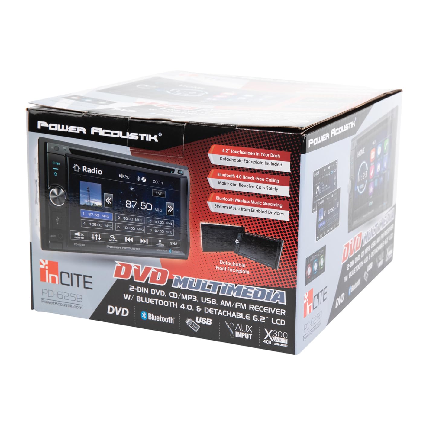 Power Acoustik 6.2" PD-625B Double-DIN in-Dash Detachable LCD Touchscreen DVD Receiver with Bluetooth