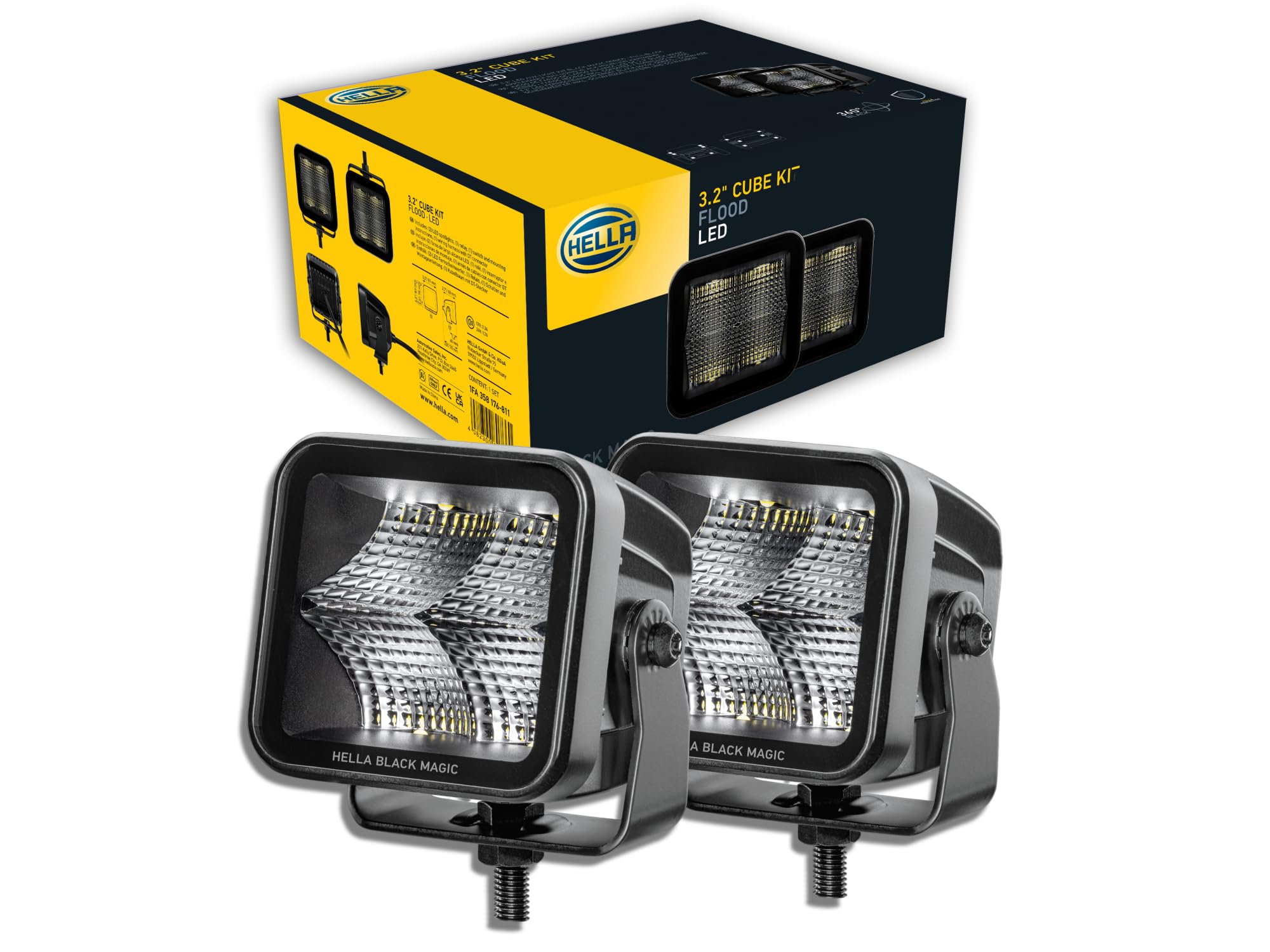 Hella LED-Spotlight 1FA 358 176-811 - Black Magic Cube Kit 3.2" - 12/24V - mounting - Short distance lighting - Cable: 500mm - Plug: DEUTSCH plug - Kit - Quantity: 2