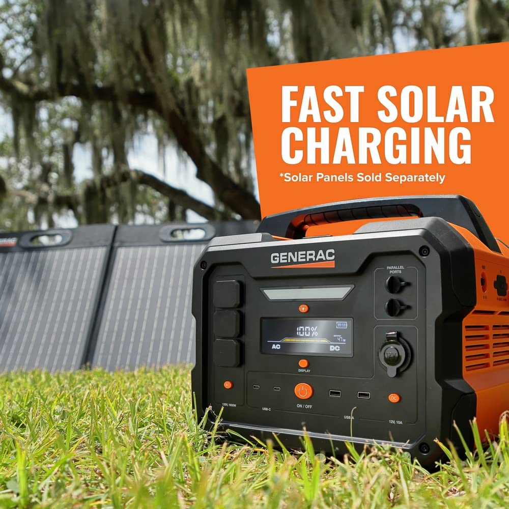 Portable Power Station Generac 1086Wh with Lithium-Ion Battery - Clean, Emission-Free Power - Wirless Charging Pad and Compact Design - Camping, RV, Indoor/Outdoor Use - Orange/Black