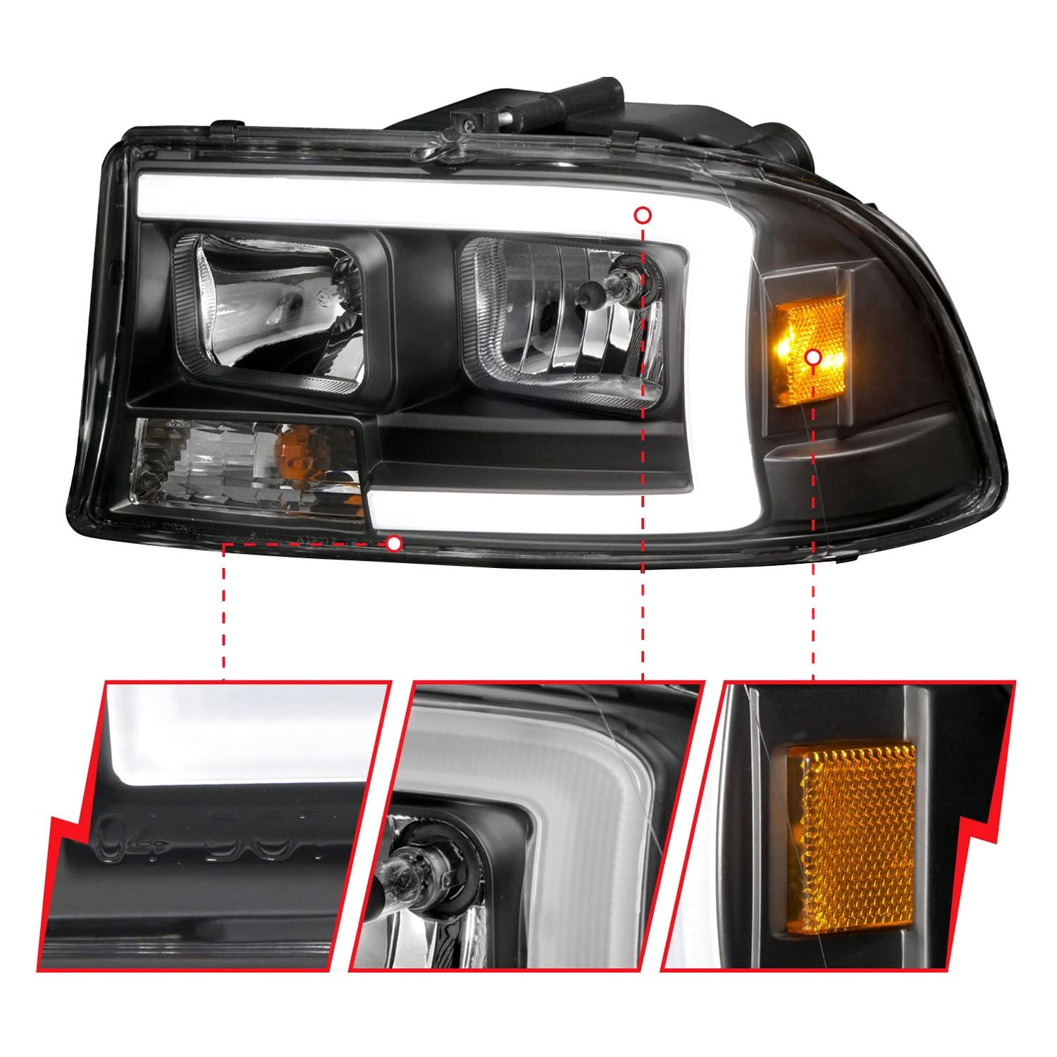 97-04 Dodge Dakota/Durango ANZO Crystal Headlight Set w/Light Bar Black Housing