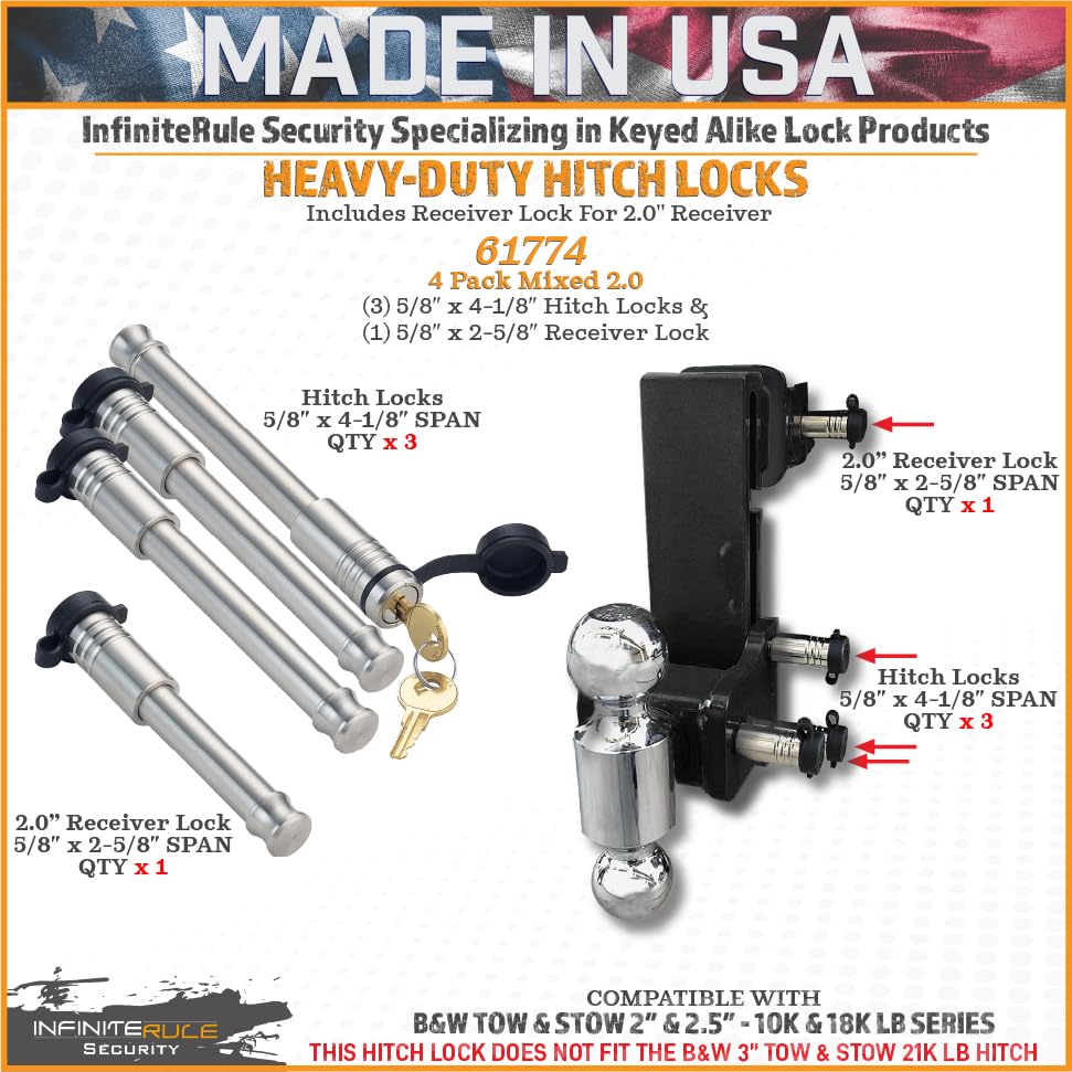 Security InfiniteRule 61774 | 4 Pack Mixed 2.0, Keyed Alike, Hitch Locks for B&W 2" Tow and Stow 10K LB - Includes Lock for 2.0" Receiver