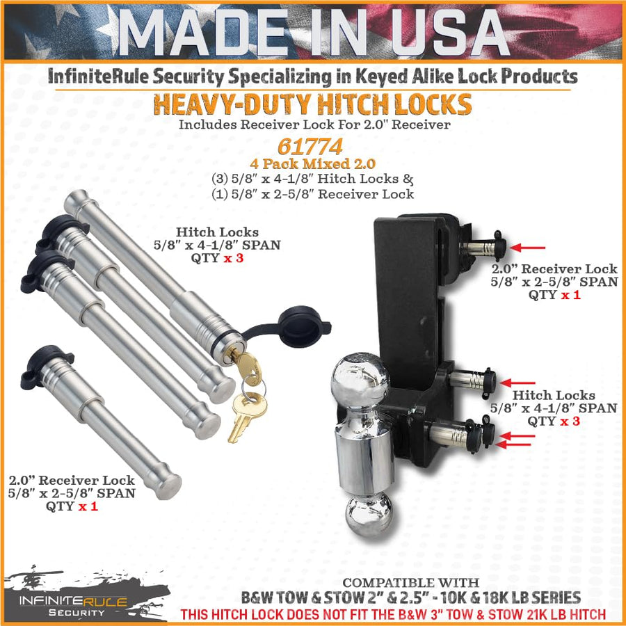 Security InfiniteRule 61774 | 4 Pack Mixed 2.0, Keyed Alike, Hitch Locks for B&W 2" Tow and Stow 10K LB - Includes Lock for 2.0" Receiver