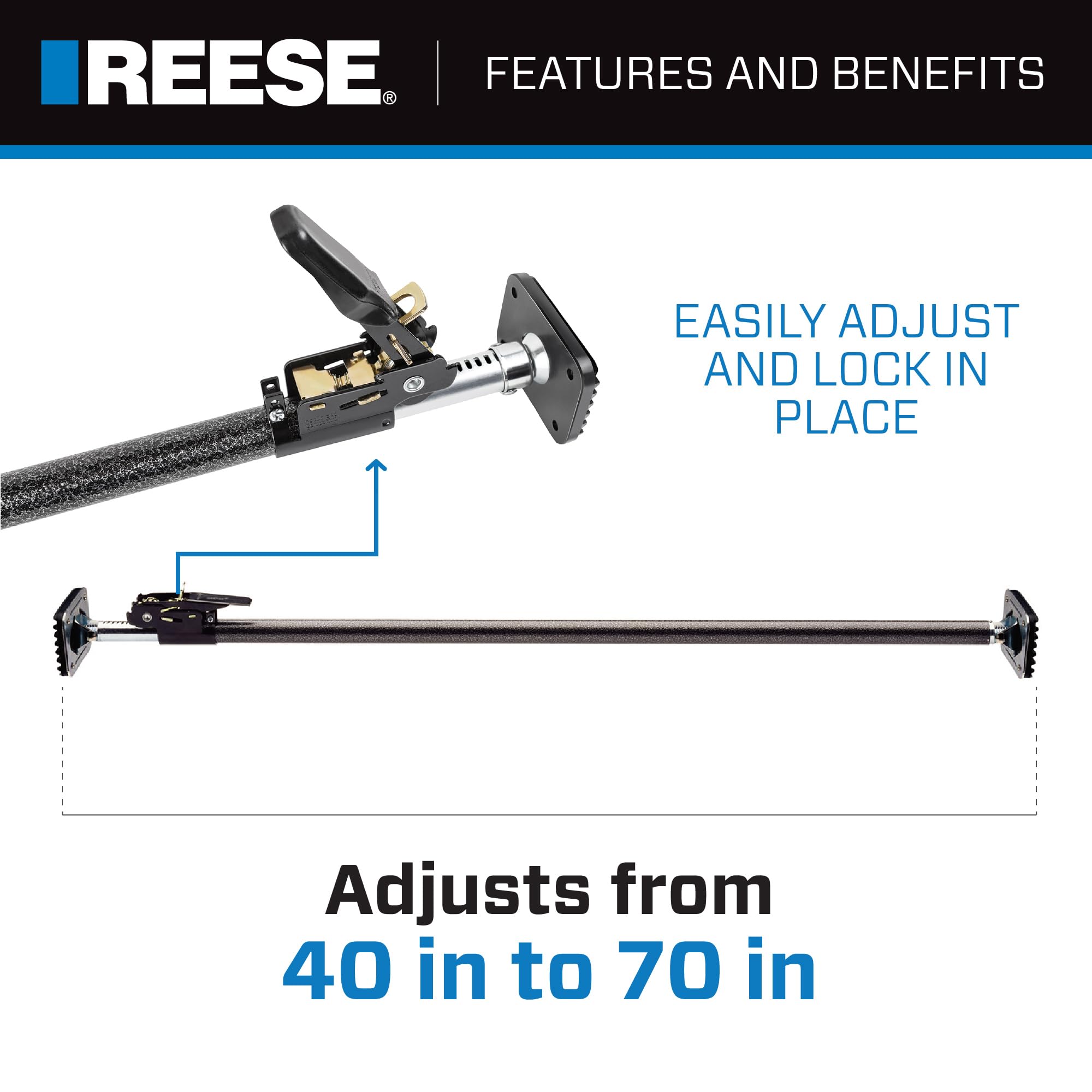 Ratcheting Cargo Bar Reese Towpower Adjustable 40 Inch to 70 Inch, Designed To Stop Cargo From Shifting In Sport Utility Vehicles, Trucks And Vans.