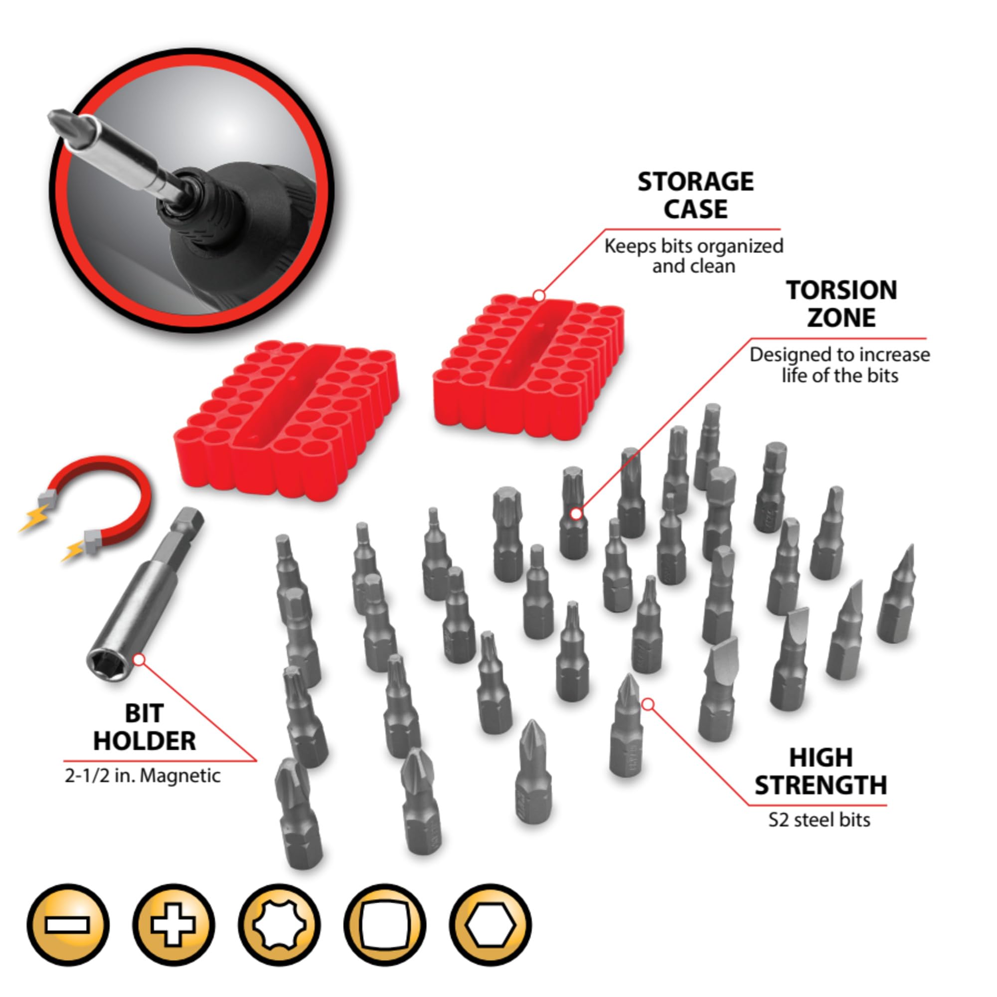 W8661 Performance Tool 33-Piece Impact Torsion Bit Set, S2 Steel, 1-Inch Phillips, Slotted, Star, Square, Metrix Hex, SAE Hex Bits, 2-1/2 Inch Magnetic Bit Holder, 2-Sided Rubber Case, Red