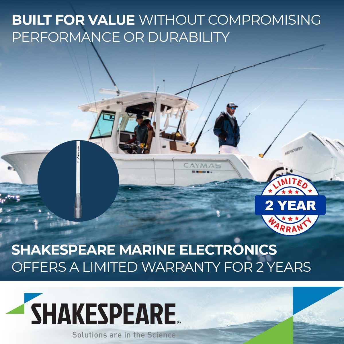 396-1 Shakespeare 5-Foot 50 Watts 3dB Gain VHF Antenna with 15' RG58 Coax Cable and Pl259 Connector, Designed to Reduce Signal Fading in Rough Seas Using Brass and Copper Elements