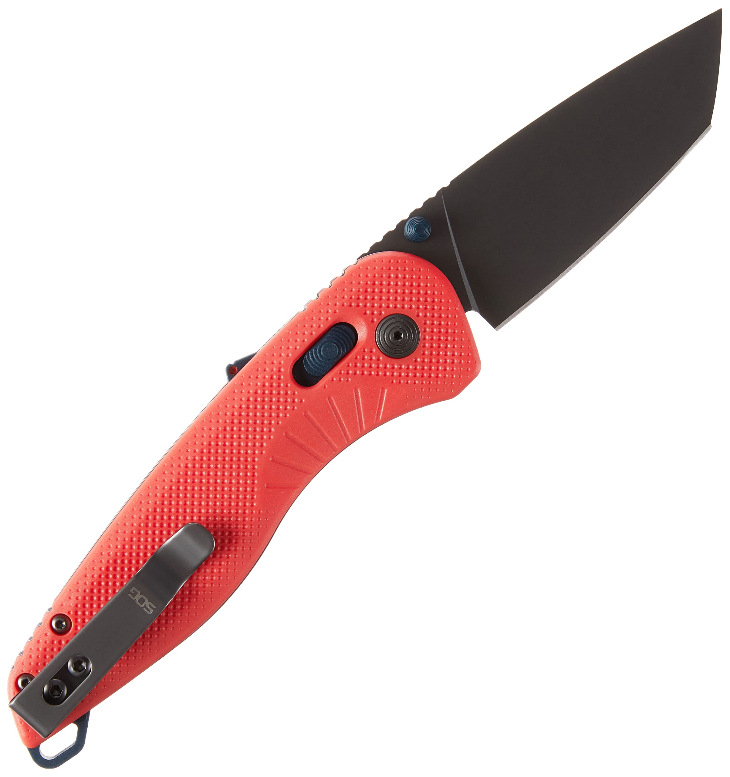 SOG Aegis AT Tanto Folding Outdoor Pocket Opening Knife, Ambidextrous AT-XR Lock With Ergonomic Handle,D2 Steel Blade,Built-In Blade Locking Safety and Spine-Mounted Safety System, Rescue RED & Indigo