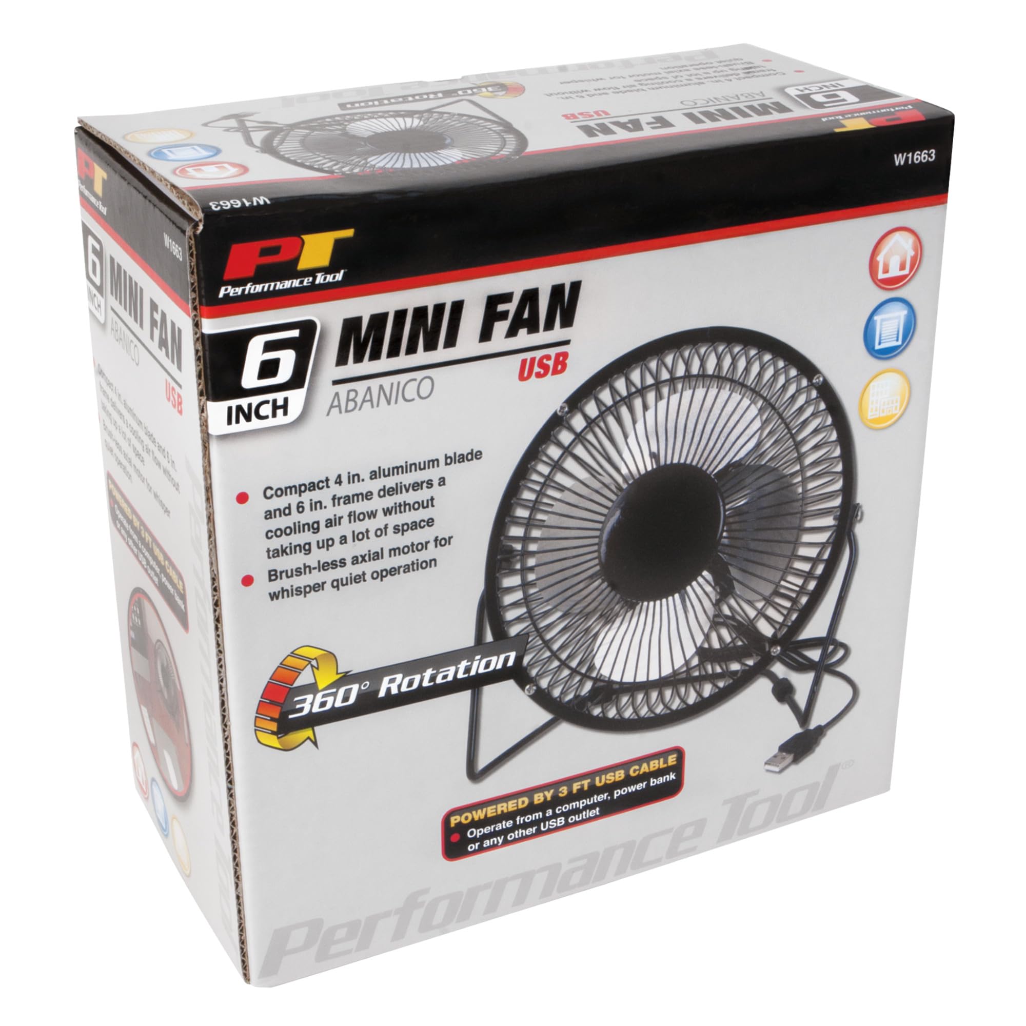 W1663 Performance Tool 6-Inch Blade (Powerful Airflow, Low Noise, Metal Design, USB Powered, Personal Table Fan, Mini Cooling Fan, Small Desk Fan, Quiet Office Fan), 1 Pack