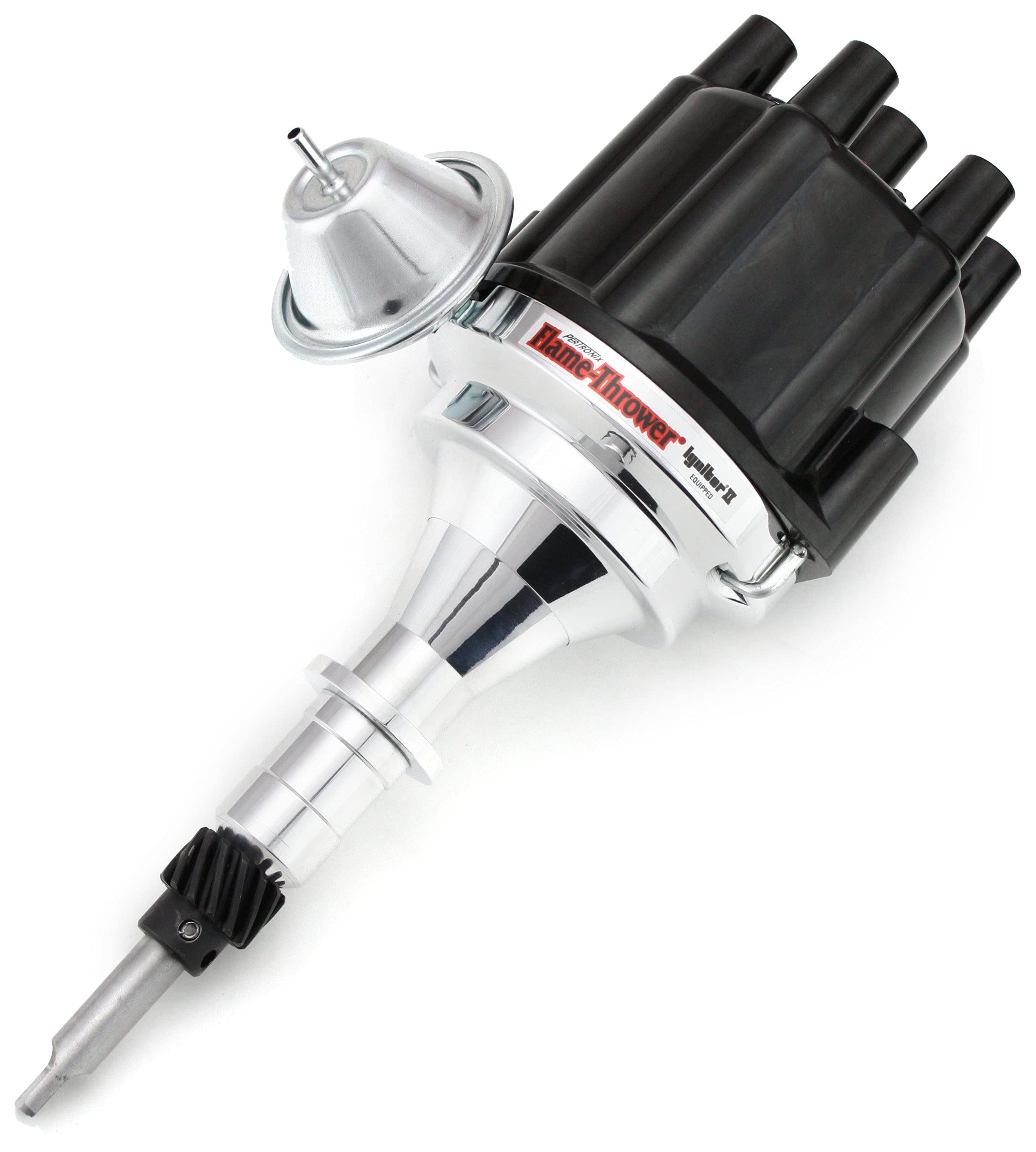 Pertronix D106700 Flame-Thrower Vacuum Advance Plug and Play Black Cap Billet Electronic Distributor with Ignitor II Technology for GM L6