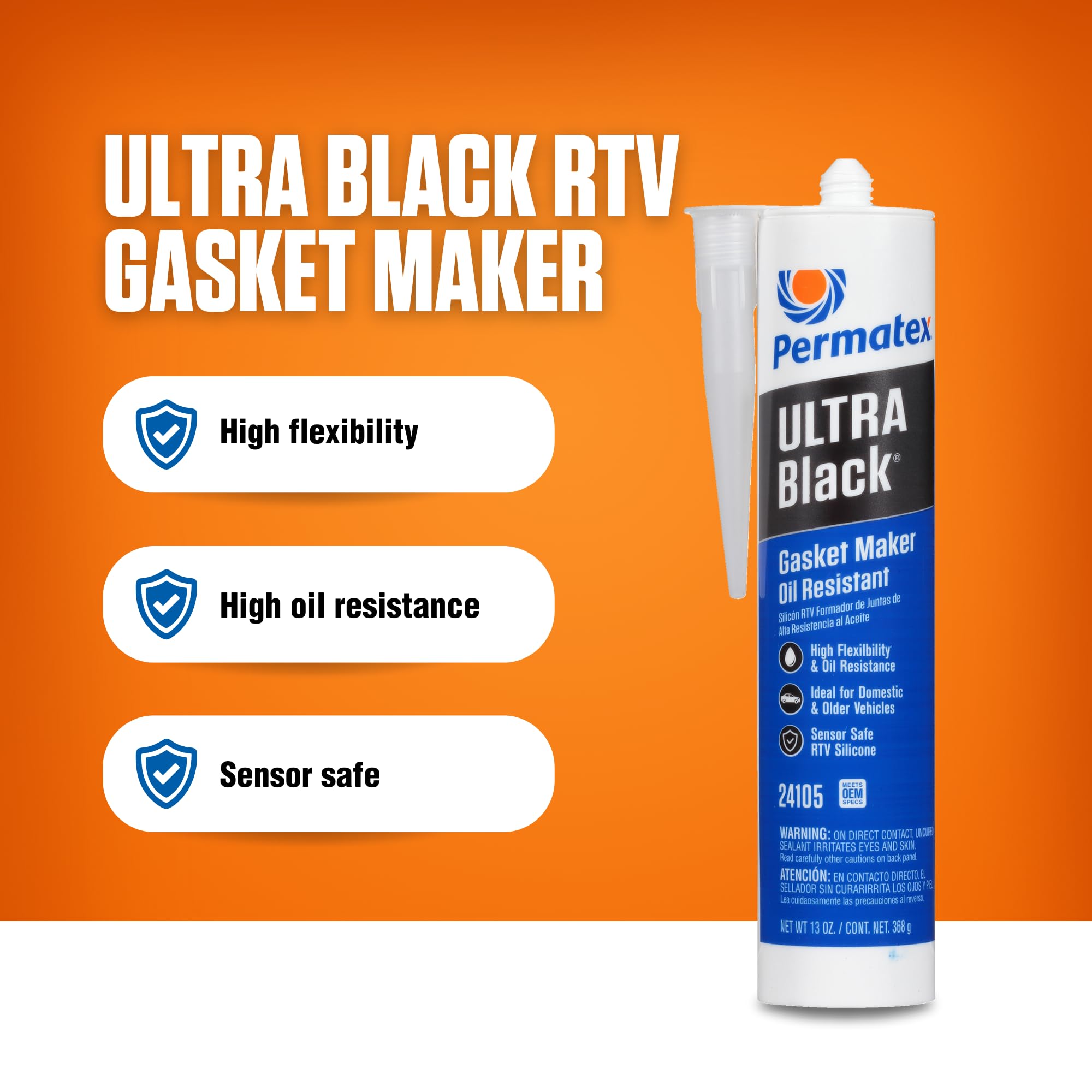 Permatex Ultra Black 24105 Maximum Oil Resistance RTV Silicone Gasket Maker, Sensor Safe And Non-Corrosive, For High Flex And Oil Resistant Applications 13 oz