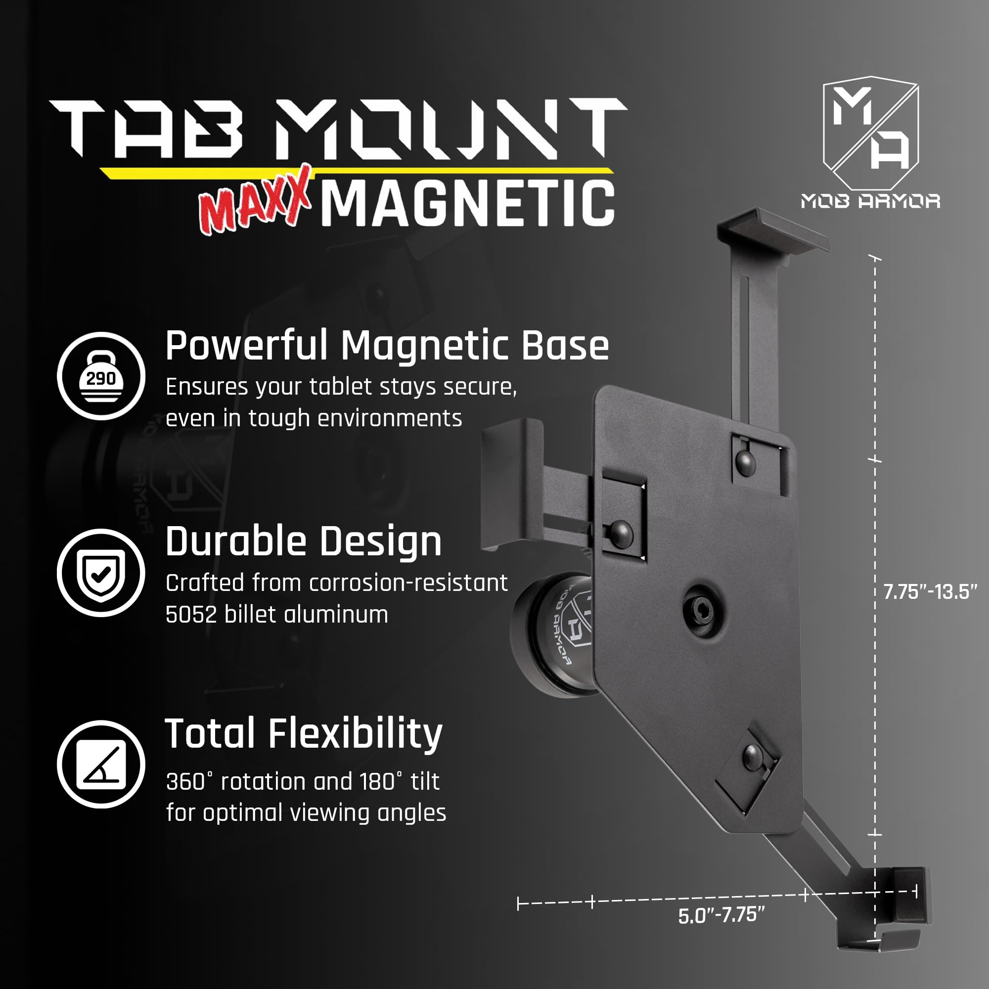 Mob Armor Maxx Tablet Mount Magnetic - Universal Holder with Magnetic Base for 7"-13" Tablets - Includes Adhesive Mounting Disc - Ideal for Trucks, Cars and More - Console Accessories