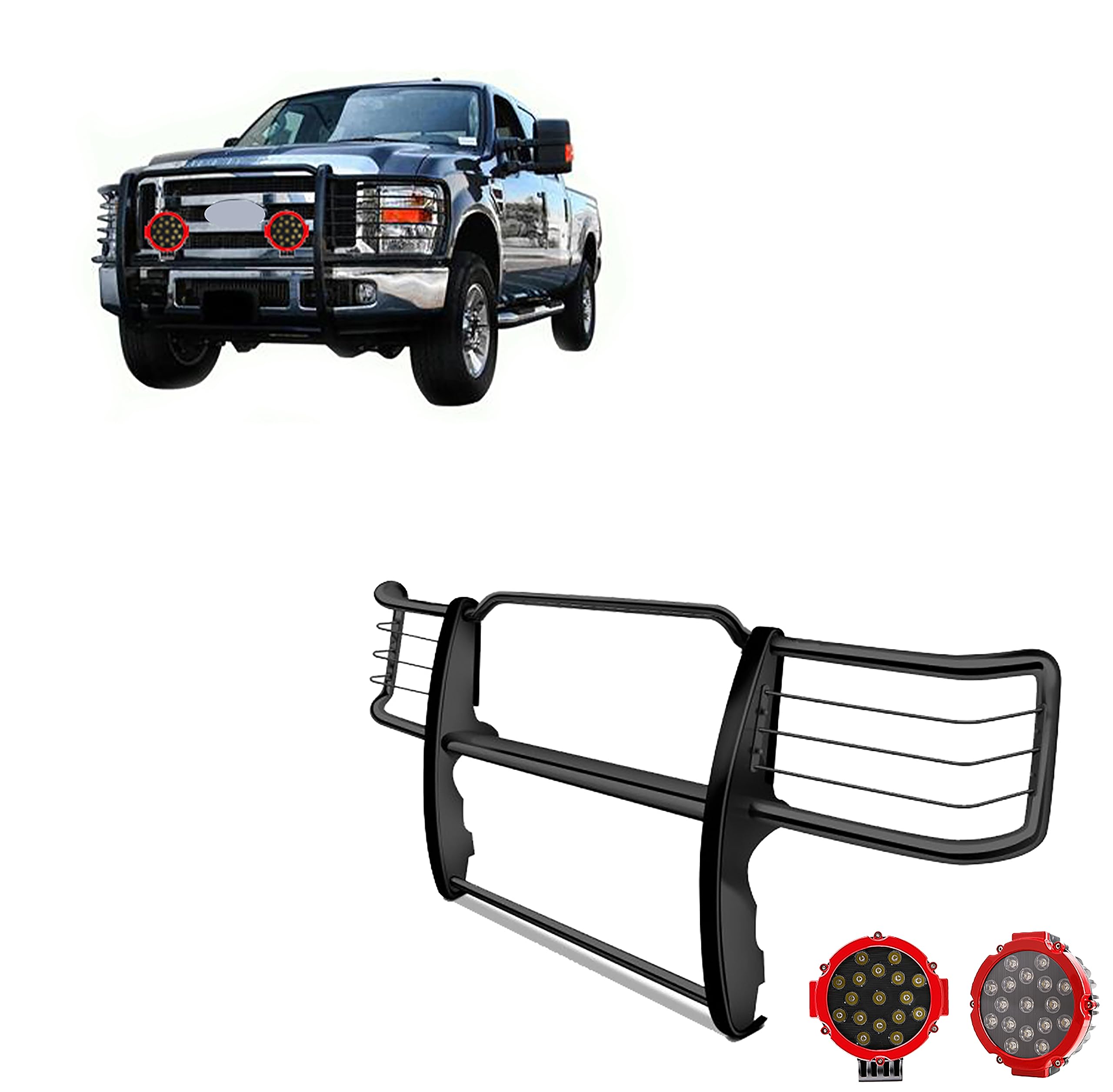 Bumper Guard Modular Black Black Horse Grille brush Come With pair of 7.0"Dia.LED Lights with Red Trim Rings Compatible with 2011-2014 Silverado 2500 HD|2011-2014 Silverado 3500 HD-17GT26MA-PLR