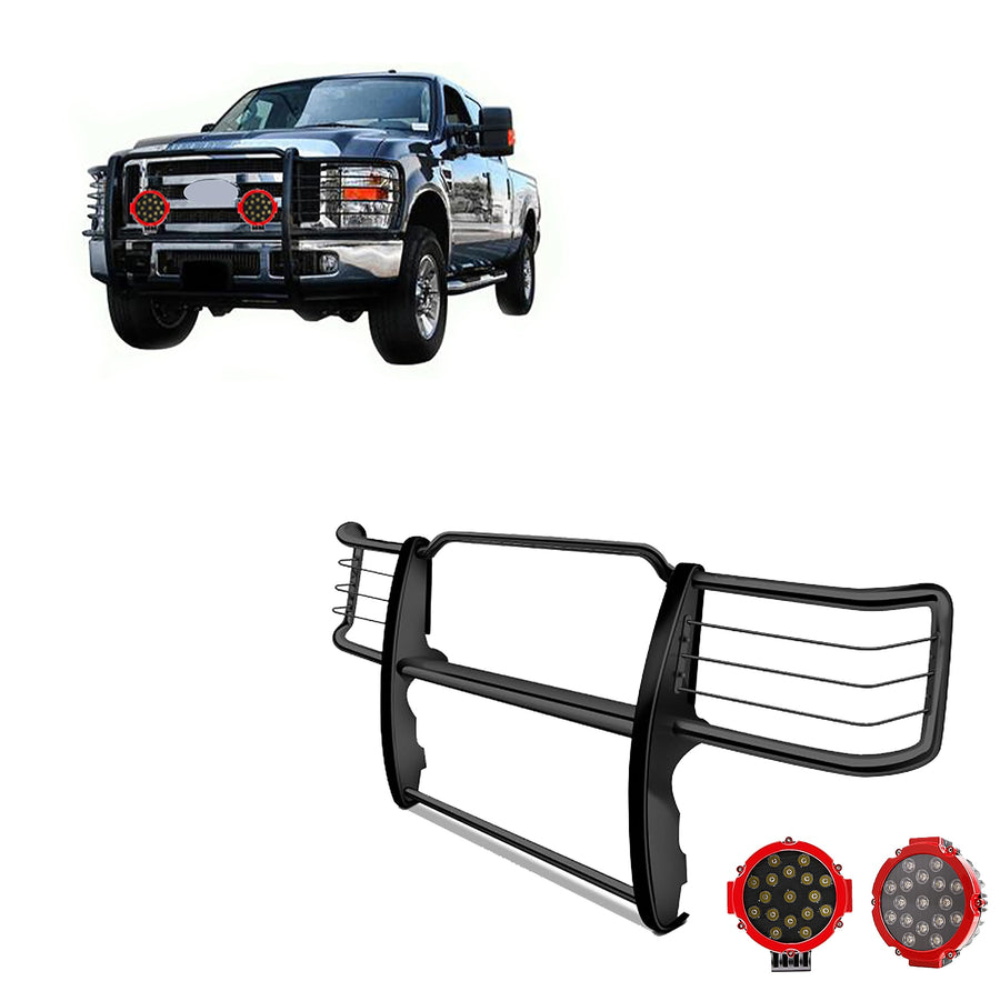 Bumper Guard Modular Black Black Horse Grille brush Come With pair of 7.0"Dia.LED Lights with Red Trim Rings Compatible with 2011-2014 Silverado 2500 HD|2011-2014 Silverado 3500 HD-17GT26MA-PLR