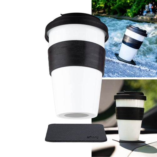 Silwy® To-Go Porcelain Cup - Non-Slip Magnetic White Mug with Black Heat Protection Sleeve & Metallic Nano Gel Coaster for Camping, Caravanning, and Boating