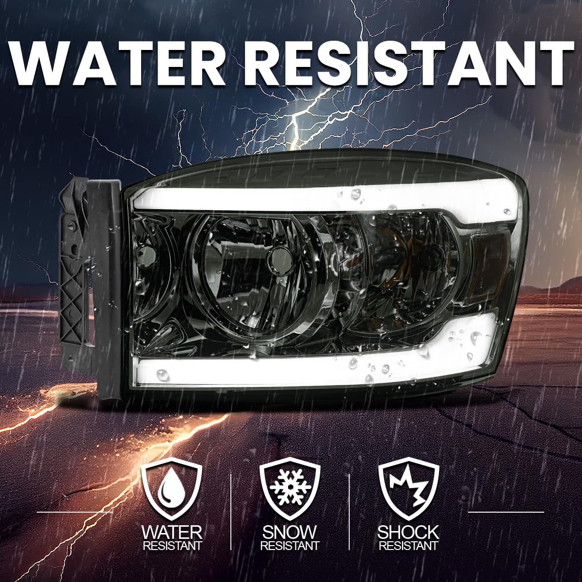 Smoke Headlights SPEC-D TUNING w/LED Bar Compatible with 2006-2008 Dodge Ram 1500/2500 / 3500, 2007-2009 Dodge Ram 2500/3500, Left + Right Pair Headlamps Assembly