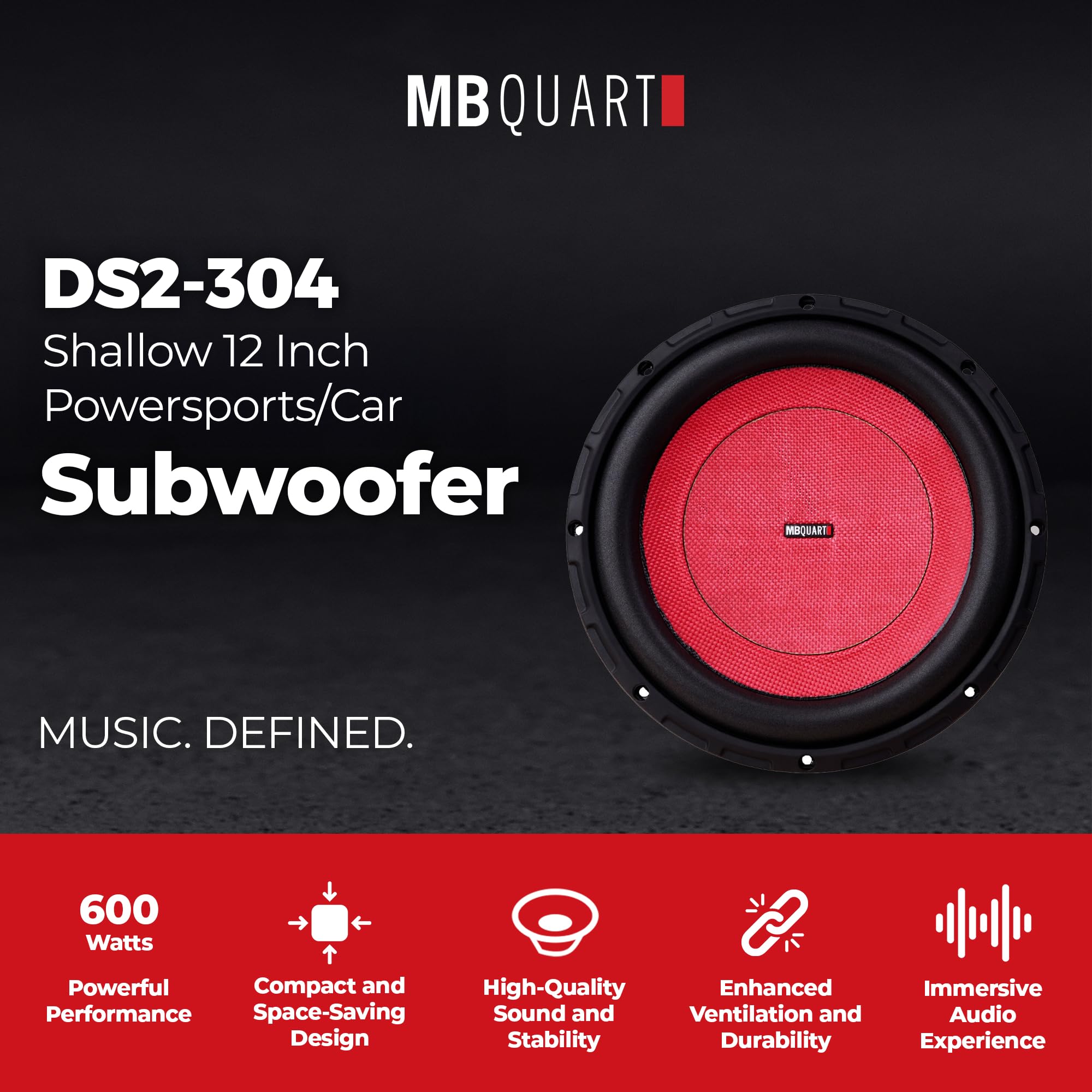 12" MB Quart Shallow Wall Mount Stereo Subwoofer, 600W Peak Power, High-Temperature Voice Coil, UV-Treated & Corrosion-Resistant Nickel Plated, Black