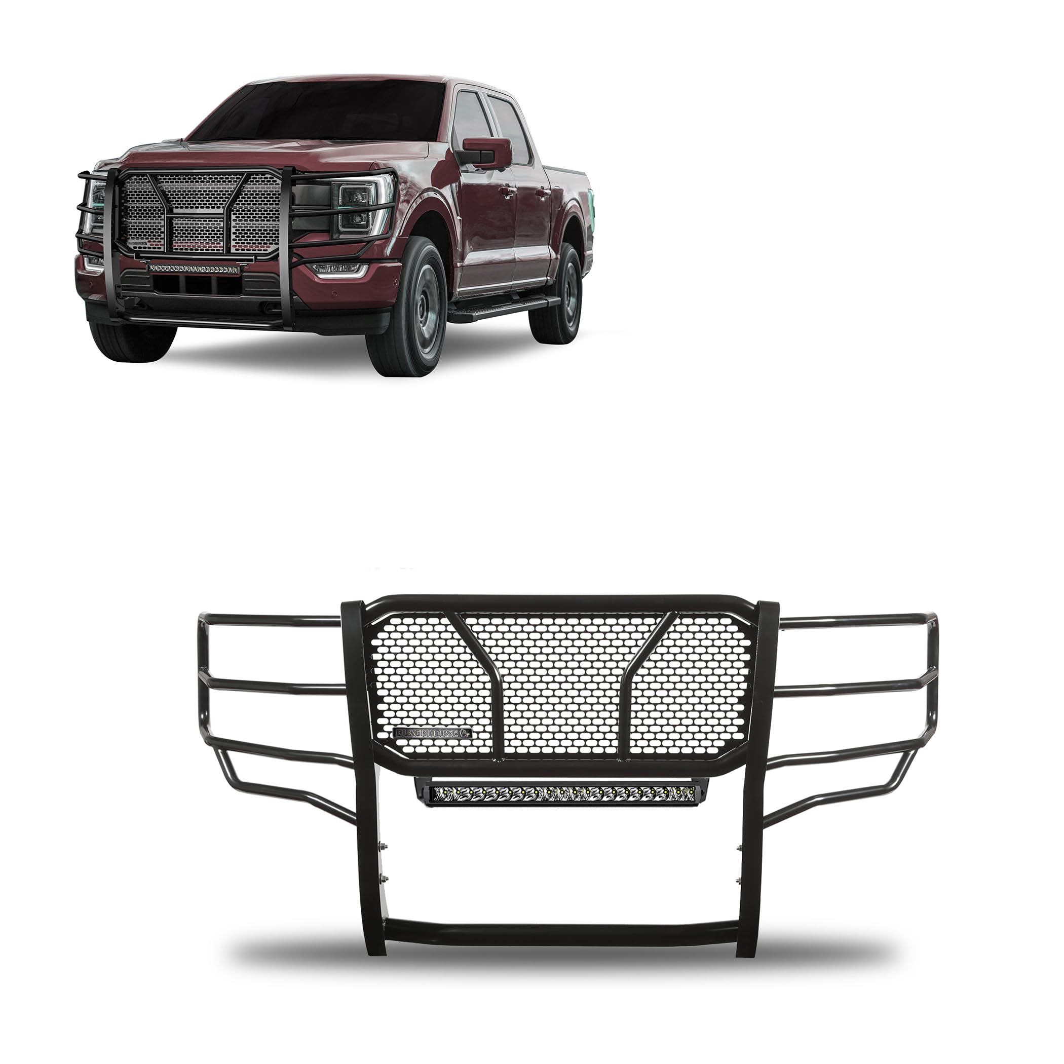 RUGGED Black Horse Heavy Duty Grille Brush Bumper Guard Modular Black Compatible with 2021-2024 Ford F-150-RU-FOF116-B-K2