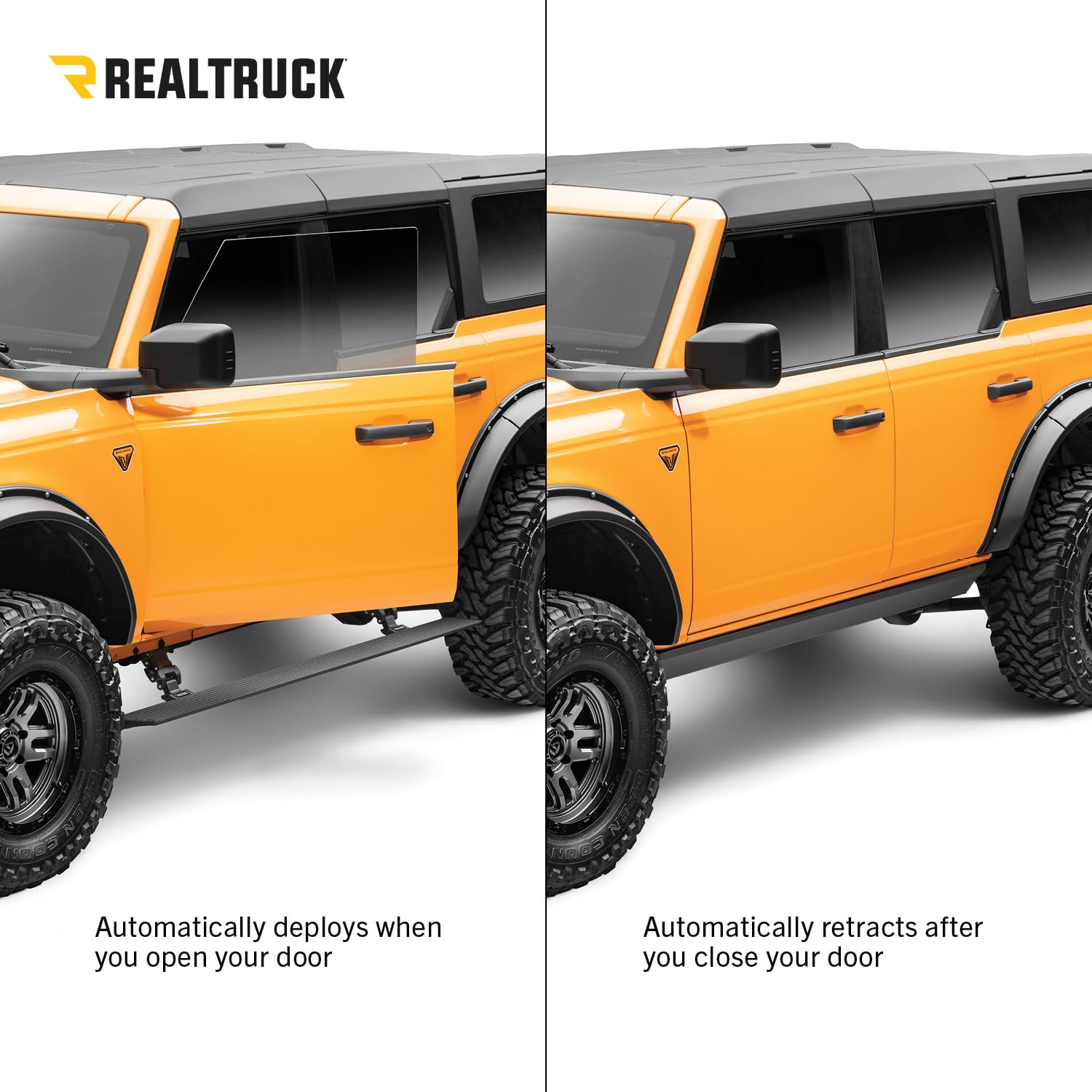 E1 Electric Running Board Kit Go Rhino 20413157PC for Ford 21-24 Bronco, Textured Black