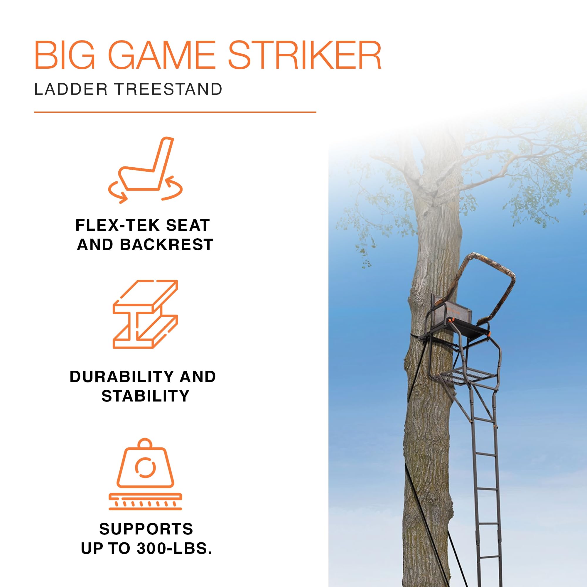 Striker XL BIG GAME Ladder Treestand 17.5 Foot Tall with Flip Back Seat, Padded Armrests, Deep Foot Platform, Ideal for Hunting and Shooting, Black