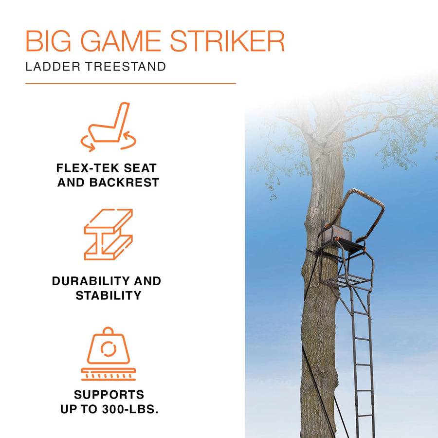 Striker XL BIG GAME Ladder Treestand 17.5 Foot Tall with Flip Back Seat, Padded Armrests, Deep Foot Platform, Ideal for Hunting and Shooting, Black