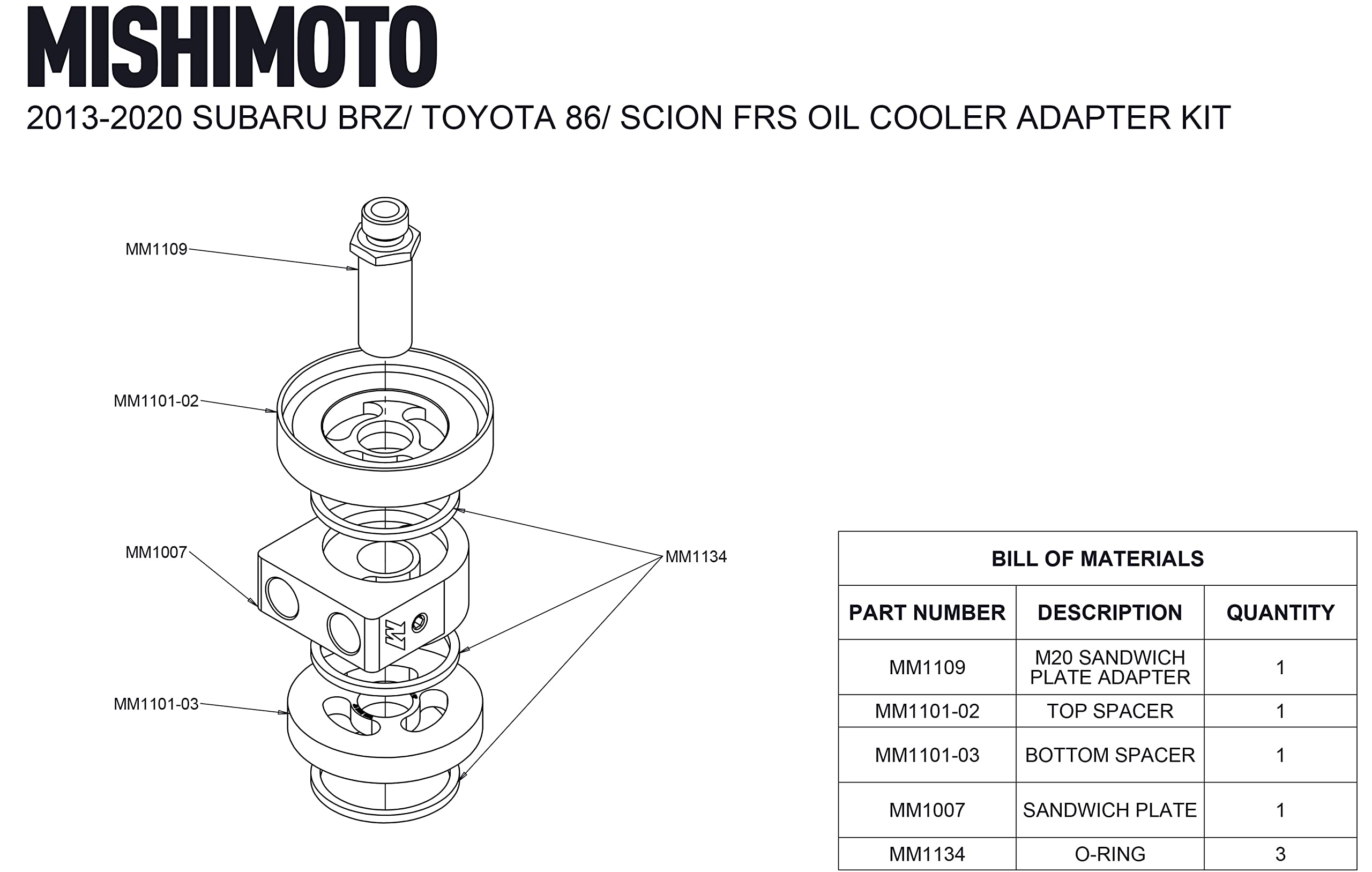 Mishimoto Non-Thermostatic Oil Sandwich Plate and Adapter, Compatible with 2013+ Subaru BRZ/Toyota 86 / Scion FRS
