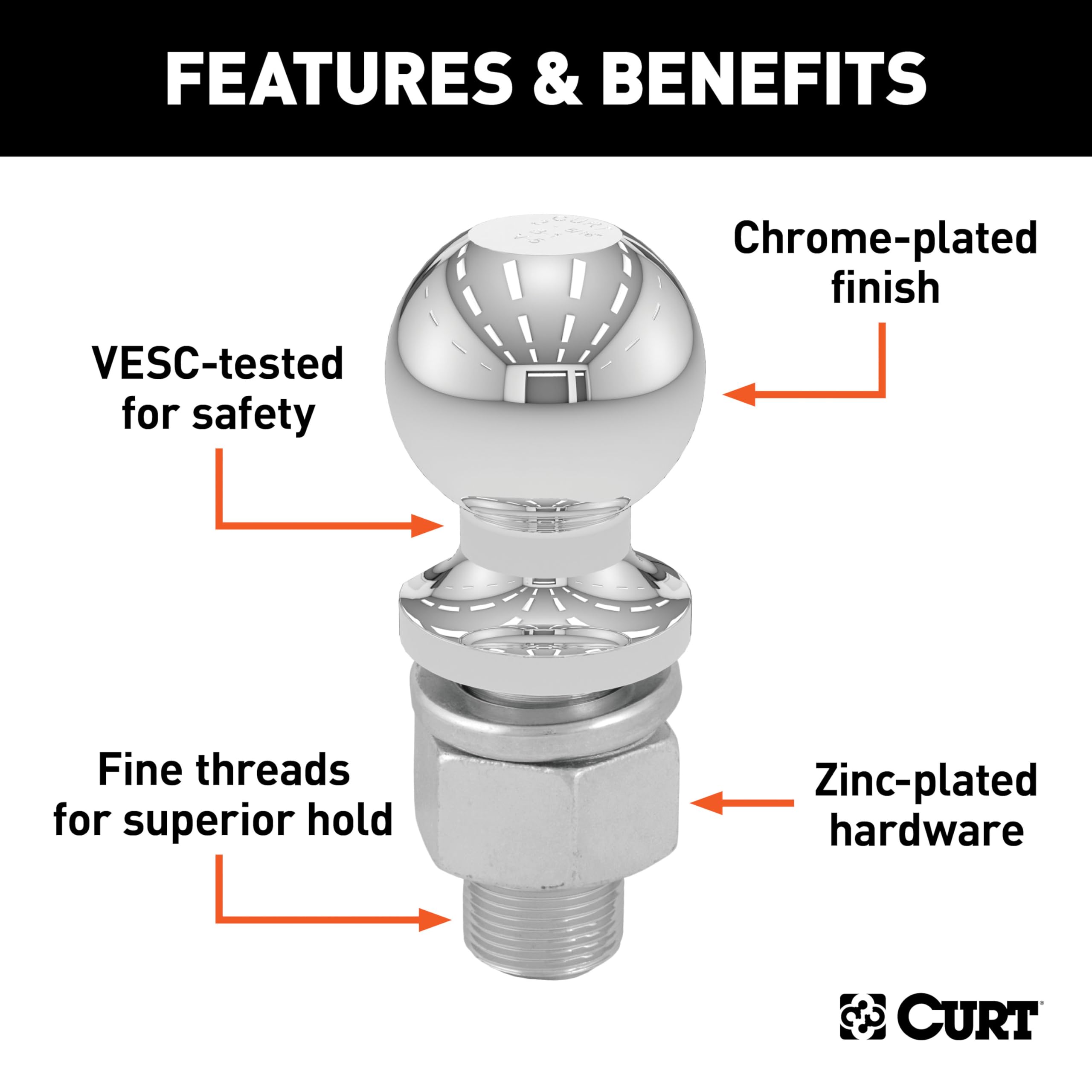 CURT 40176 Trailer Hitch Ball Chrome, 6,000 lbs, 2-5/16-Inch Diameter, 1-1/4 x 3-Inch Shank
