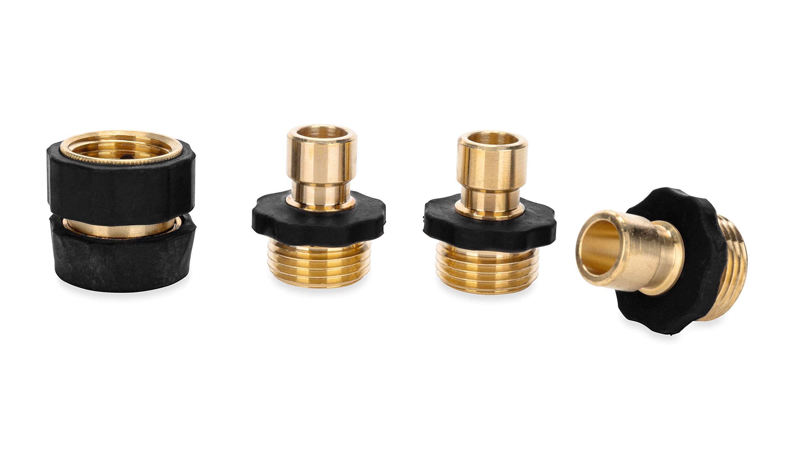 Camco 5/8" Quick Hose Disconnect Brass and Steel - Connect and Disconnect Between Multiple Hose Attachments | Automatic Shut-Off When Disconnected | 1 Female & 3 Male Fittings - 4 Count - (20136)
