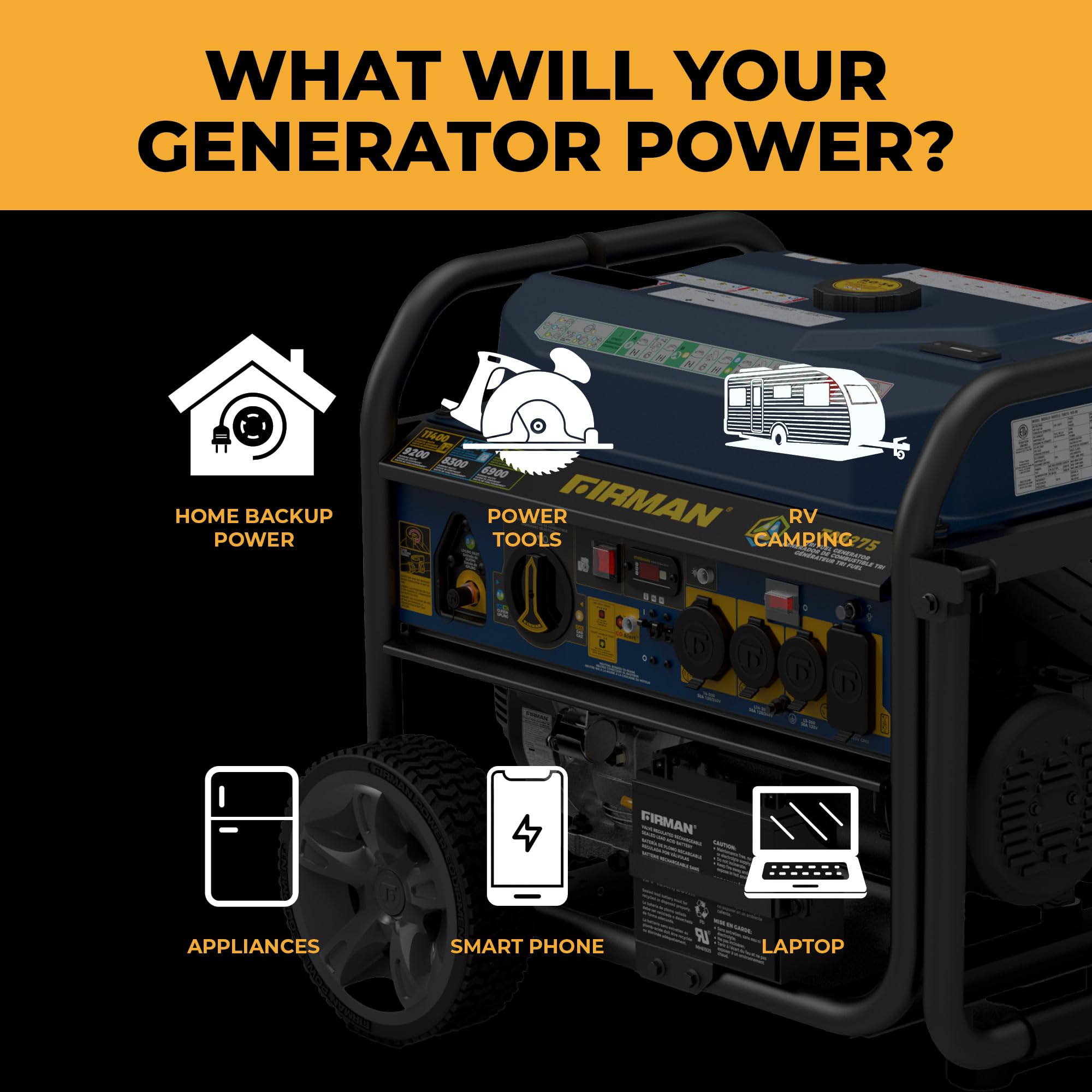 FIRMAN Tri Fuel T09275 Portable Generator, 11400W Electric Start, 120V/240V, CO Alert, 459cc Engine, 9-Gallon Tank, 11 Hrs Runtime, Wheel Kit, Ideal for Home Backup, RV, Camping & Emergency Power