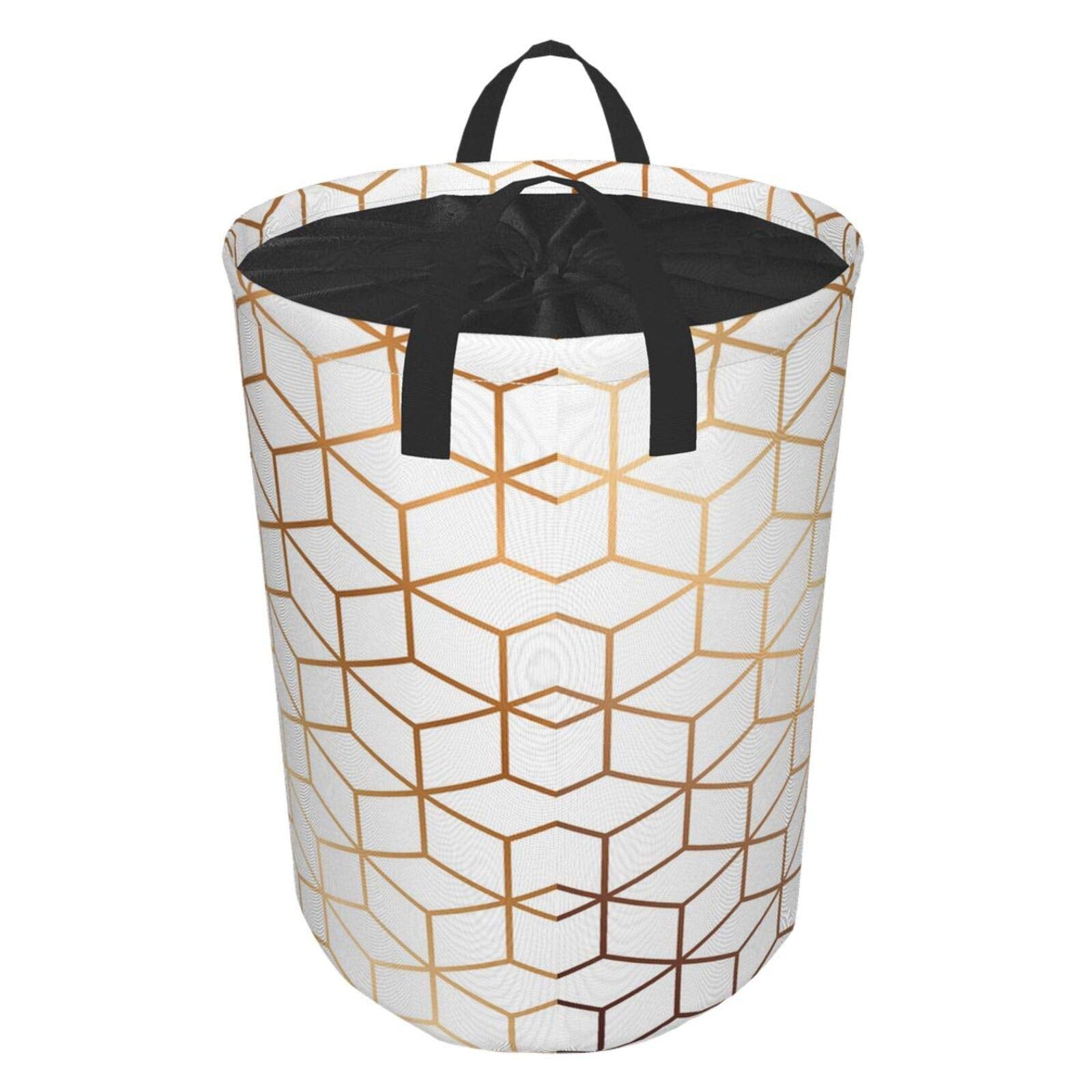 Marble Texture Large Storage Baskets, Pattern Design With Golden Cubes, Geometric, Drawstring Waterproof Round Collapsible Laundry Hamper for Dirty Clothes Toy Home Office 21.6"X16.5"