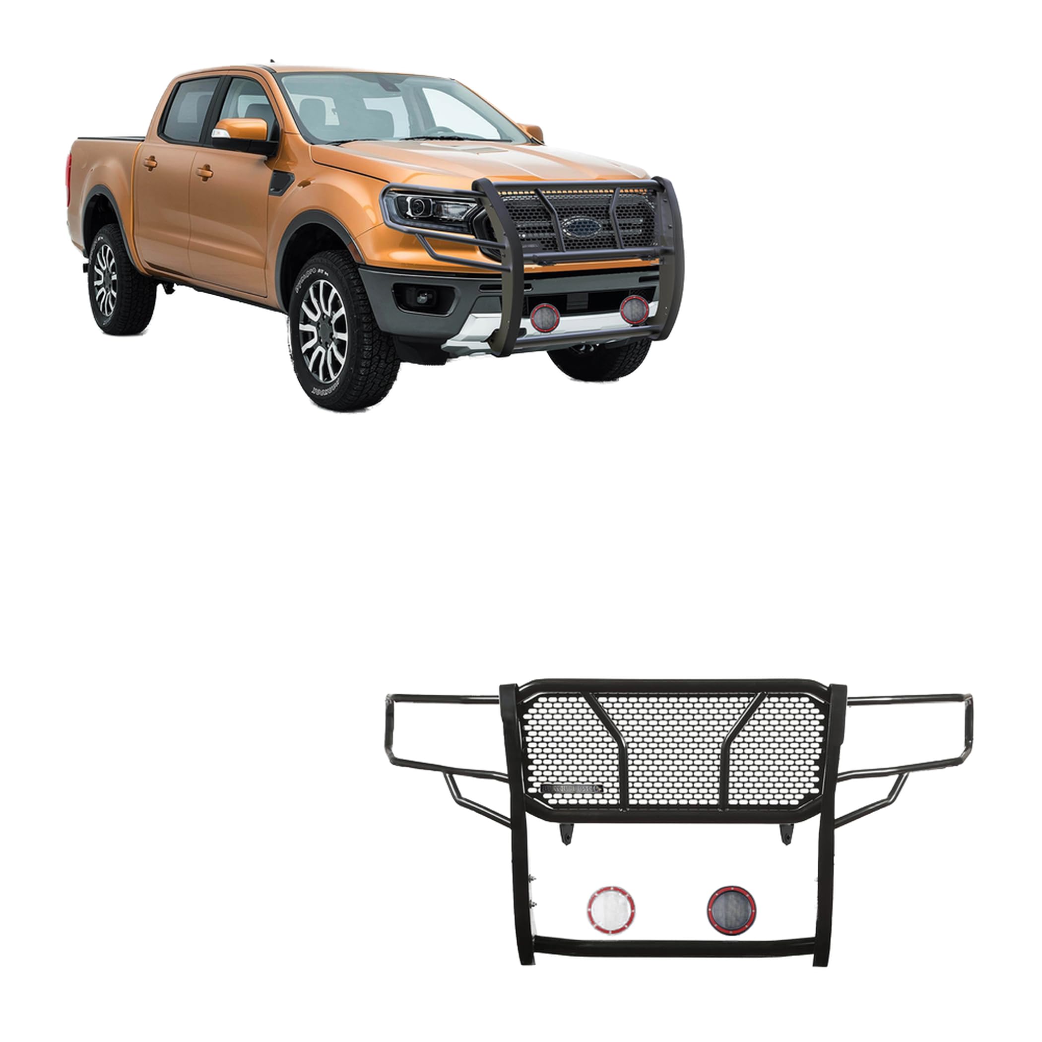 Heavy Duty Black Horse Rugged Grille Brush Bumper Guard Modular Black Come with Pair of 5.3" Dia.LED Lights with Red Trim Rings Compatible with 2019-2023 Ford Ranger-RU-FORA19-B-PLFR
