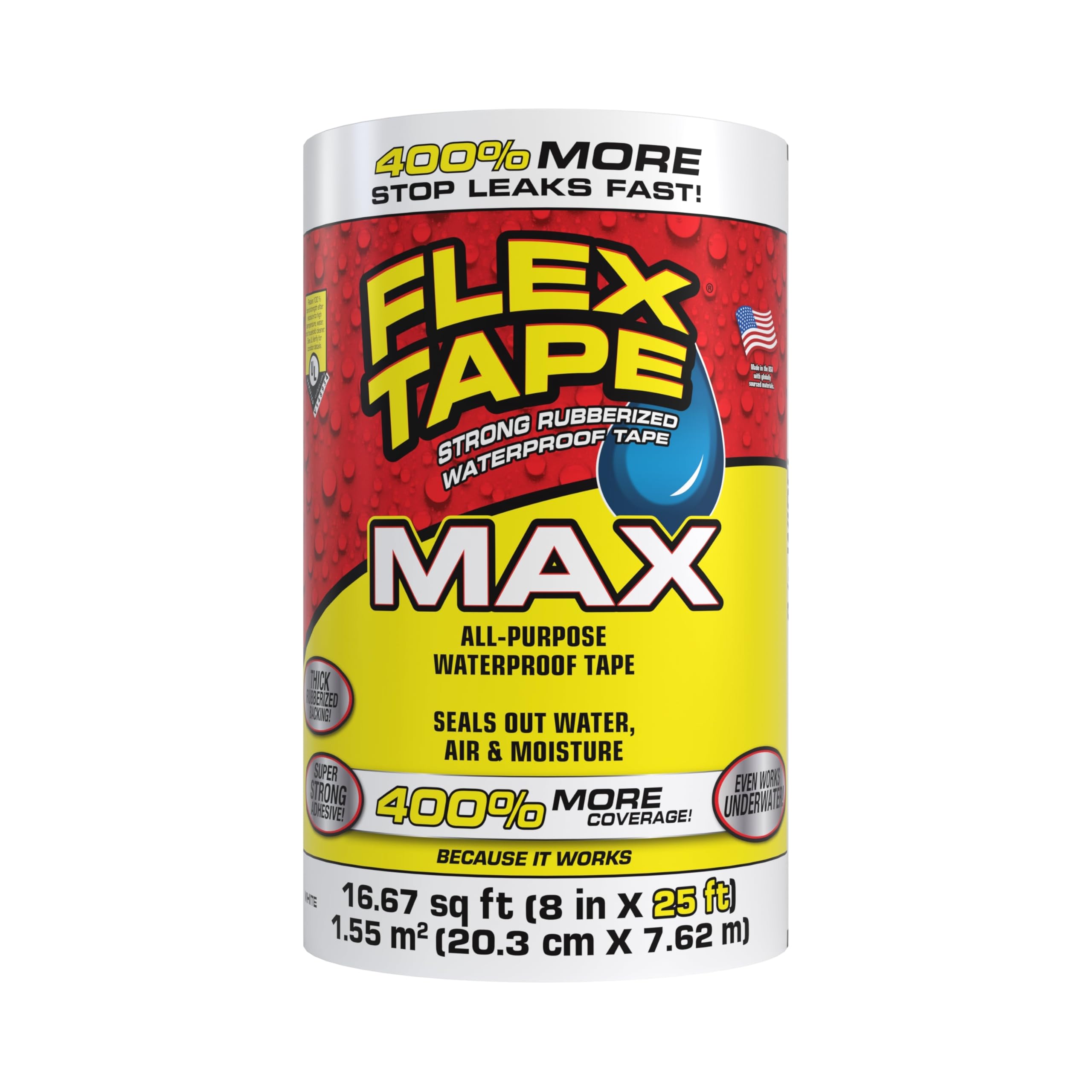 MAX Flex Tape, Original Thick Flexible Rubberized Waterproof Tape - Seal and Patch Leaks, Works Underwater, Indoor Outdoor - Home RV Roof and Pool Repairs, White, 8 in x 25 ft, Pack of 1