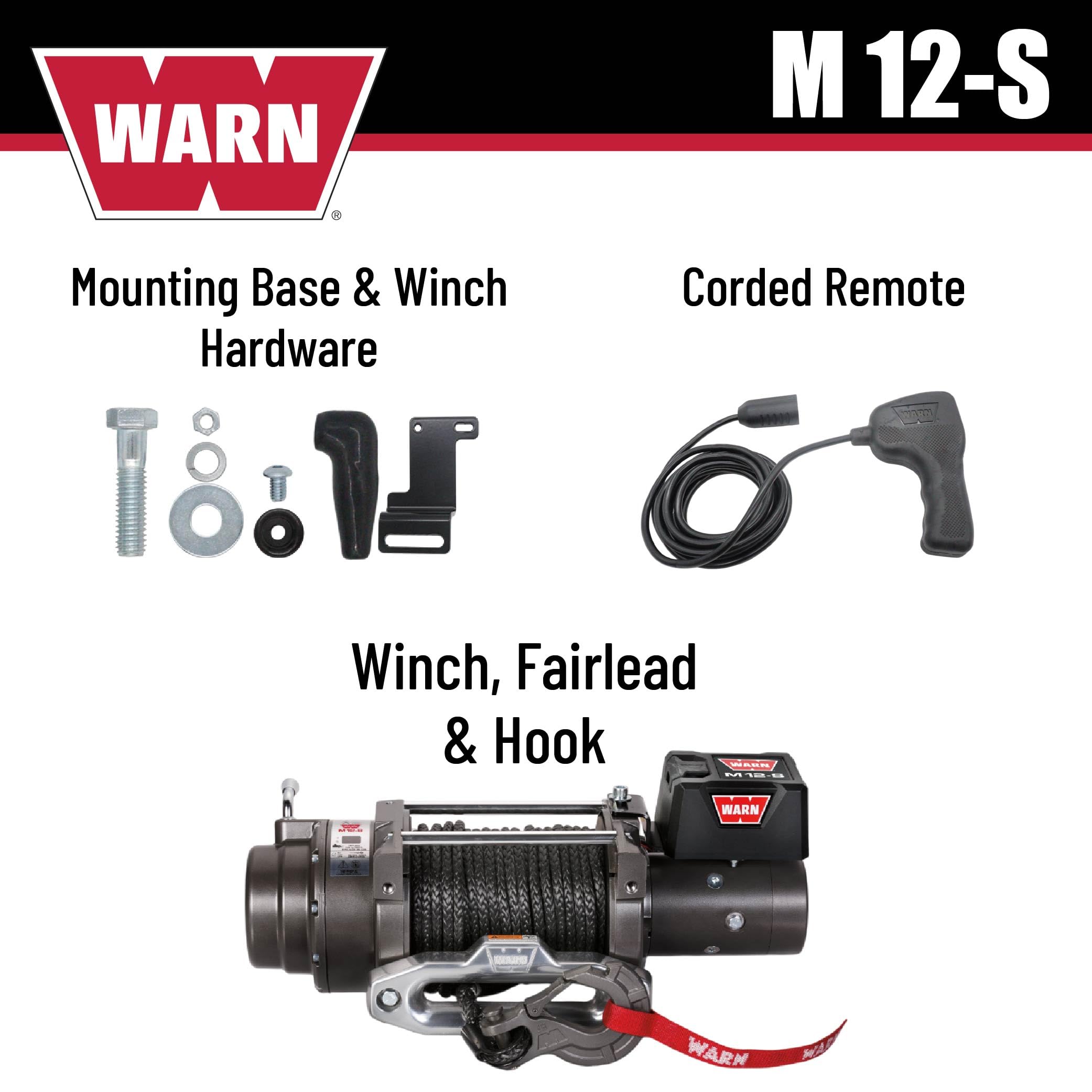 12V WARN M12-S Electric Heavyweight Winch – 12,000 lb Pulling Capacity, Synthetic Rope, Sealed Motor, IP68 Waterproof, All-Metal Gear Train for Off-Road Recovery & Industrial Use