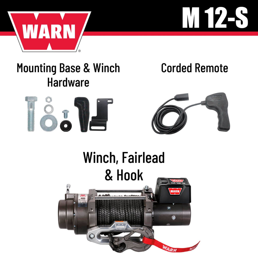 12V WARN M12-S Electric Heavyweight Winch – 12,000 lb Pulling Capacity, Synthetic Rope, Sealed Motor, IP68 Waterproof, All-Metal Gear Train for Off-Road Recovery & Industrial Use