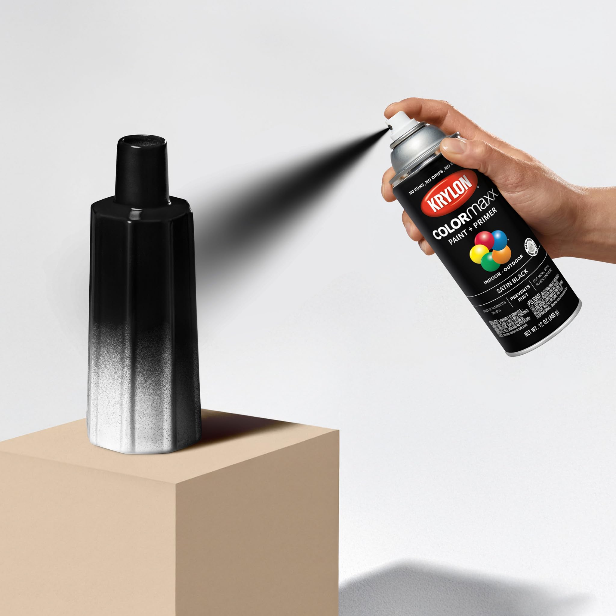 Krylon K05557007 Spray Paint and Primer COLORmaxx for Indoor/Outdoor Use, Satin Black 12 Ounce (Pack of 1)