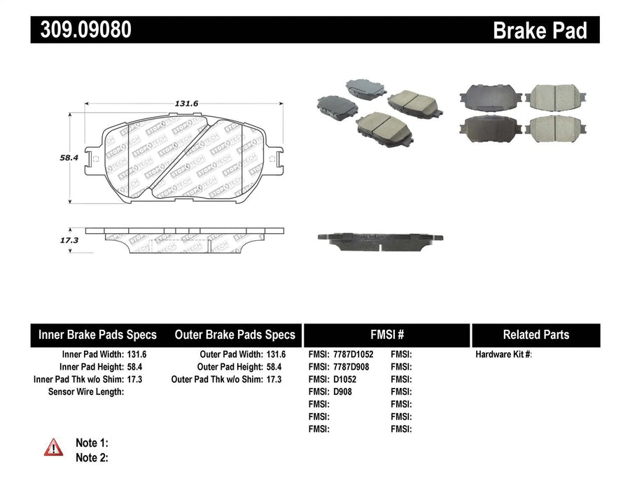 Sport Brake Pads StopTech 309.09080 with Shims and Hardware