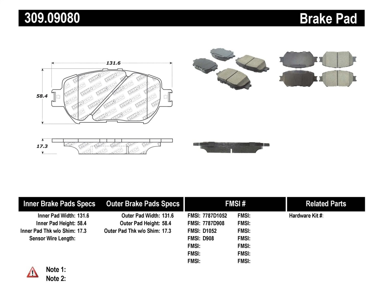 Sport Brake Pads StopTech 309.09080 with Shims and Hardware