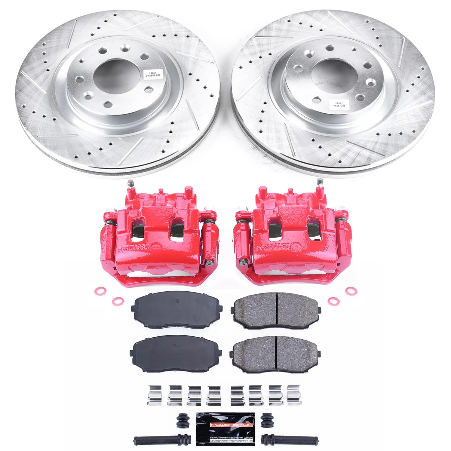 Power Stop Front KC5878A Z23 Evolution Sport Brake Upgrade Kit with Powder Coated Calipers, Carbon-Fiber Ceramic Brake Pads & Drilled & Slotted Rotors