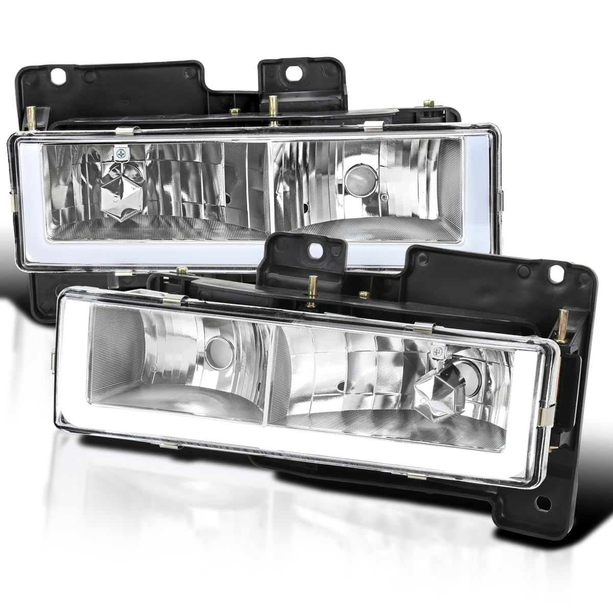 Chrome Headlights SPEC-D TUNING w/LED Light Bar Compatible with 1988-1998 Chevy GMC C10 C/K 1500 2500 3500, Suburban, Tahoe, Silverado, Sierra, L+R Pair Head Light Lamp Assembly