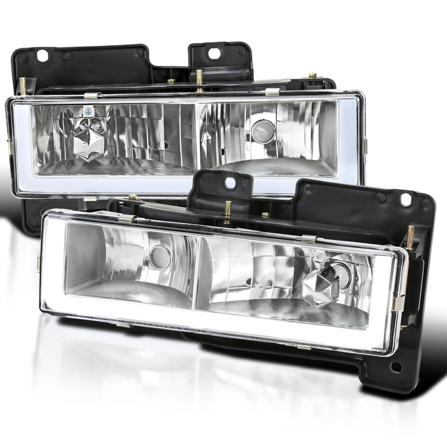 Chrome Headlights SPEC-D TUNING w/LED Light Bar Compatible with 1988-1998 Chevy GMC C10 C/K 1500 2500 3500, Suburban, Tahoe, Silverado, Sierra, L+R Pair Head Light Lamp Assembly